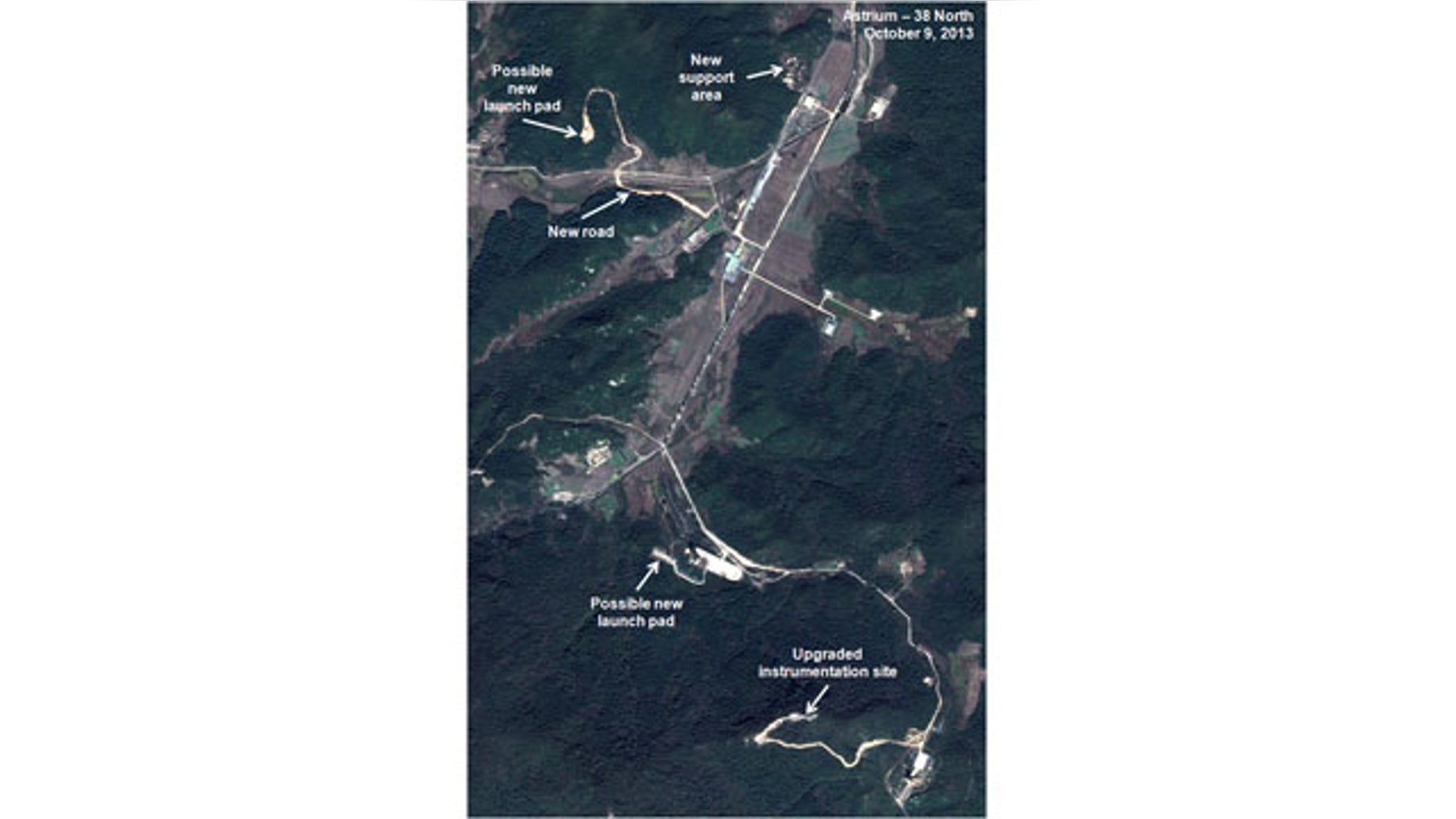 This Oct. 9, 2013 satellite image taken by Astrium, and annotated and distributed by 38 North shows the Sohae site where North Korea launched a long-range rocket into space in December 2012. (AP Photo/Astrium - 38 North)
