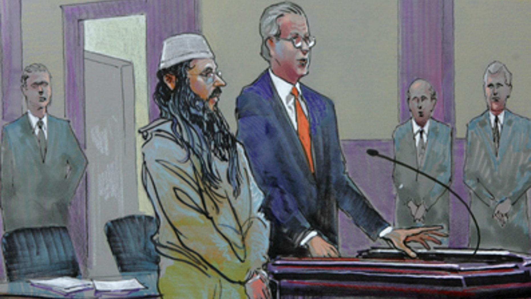 March 10, 2009: This file image of a courtroom drawing from U.S. District Court shows alleged Al Qaeda sleeper agent Ali al-Marri as he made an initial appearance with his attorney Andy Savage in Charleston, S.C. to face terror charges for the first time after being held for more than five years as an enemy combatant. (AP)