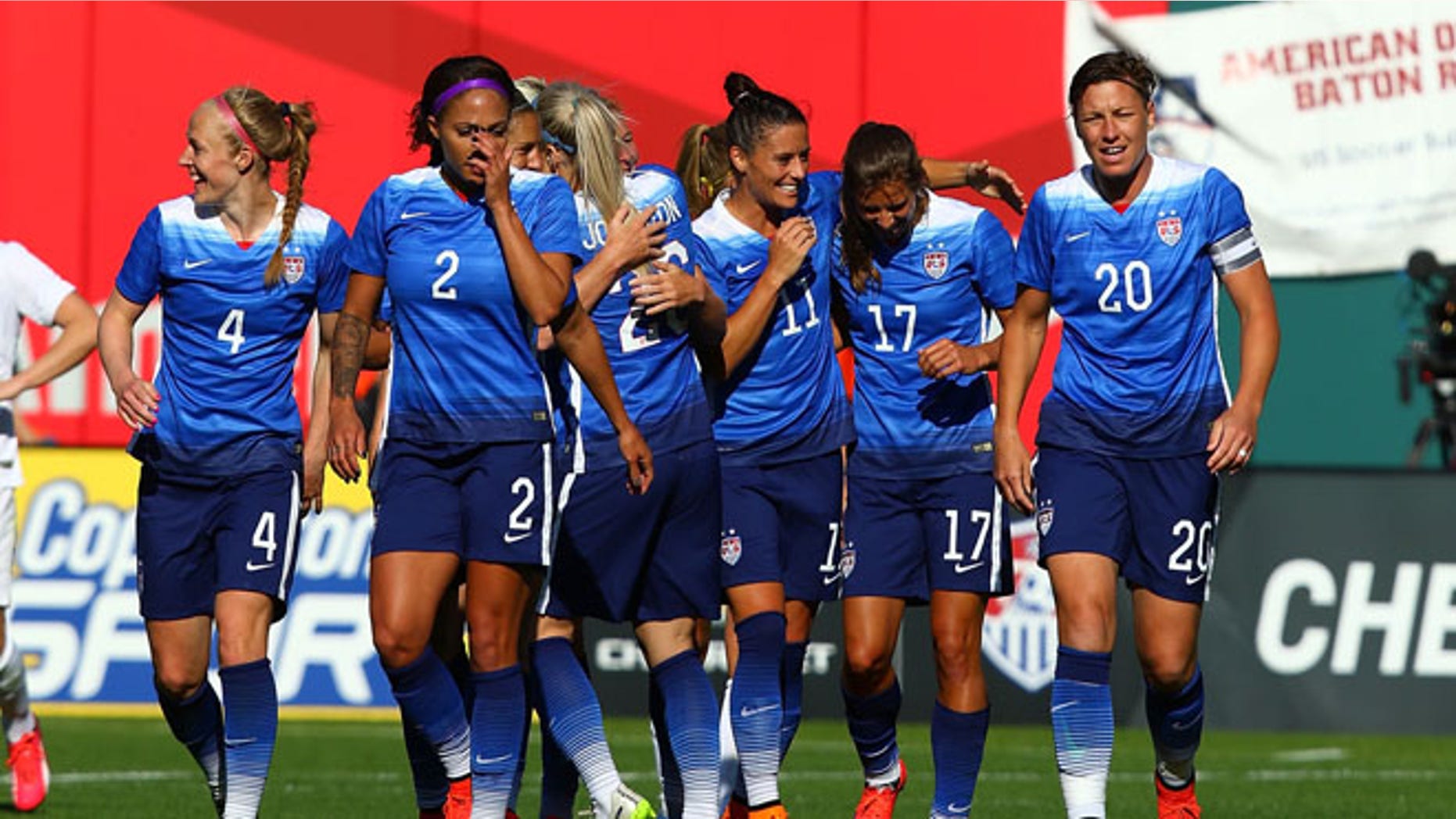 ST. LOUIS, MO - APRIL 4: Members of the US Women's National team celebrate after scoring a goal against New Zealand at Busch Stadium on April 4, 2015 in St. Louis, Missouri. (Photo by Dilip Vishwanat/Getty Images)