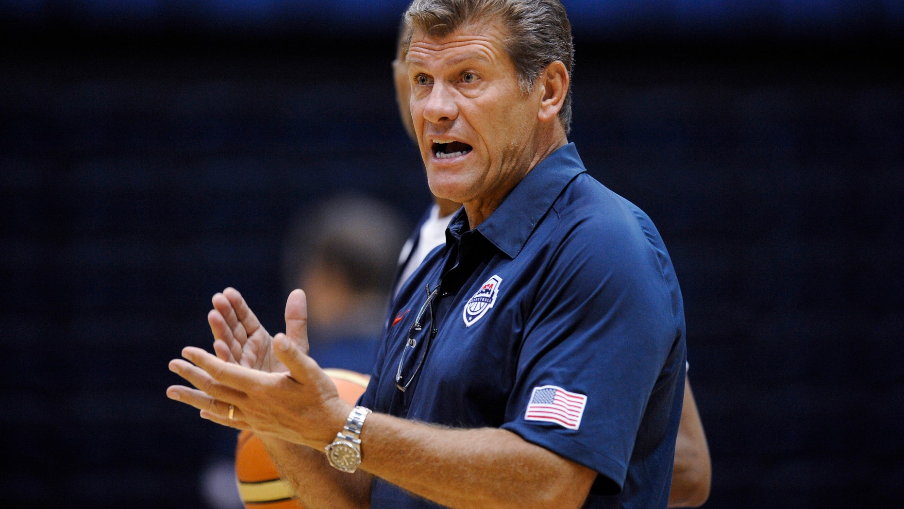 July 14, 2012: U.S. women' Olympic basketball team coach Geno Auriemma gestures during practice Saturday in Washington.