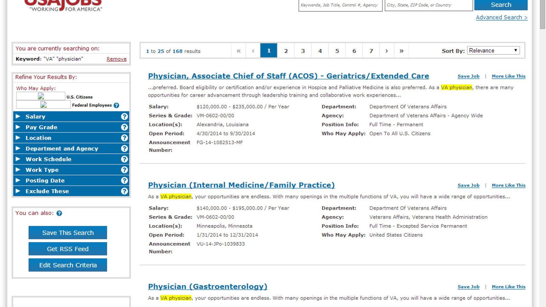 Screen grab of the federal USAJobs listing for Friday, May 23, 2014.