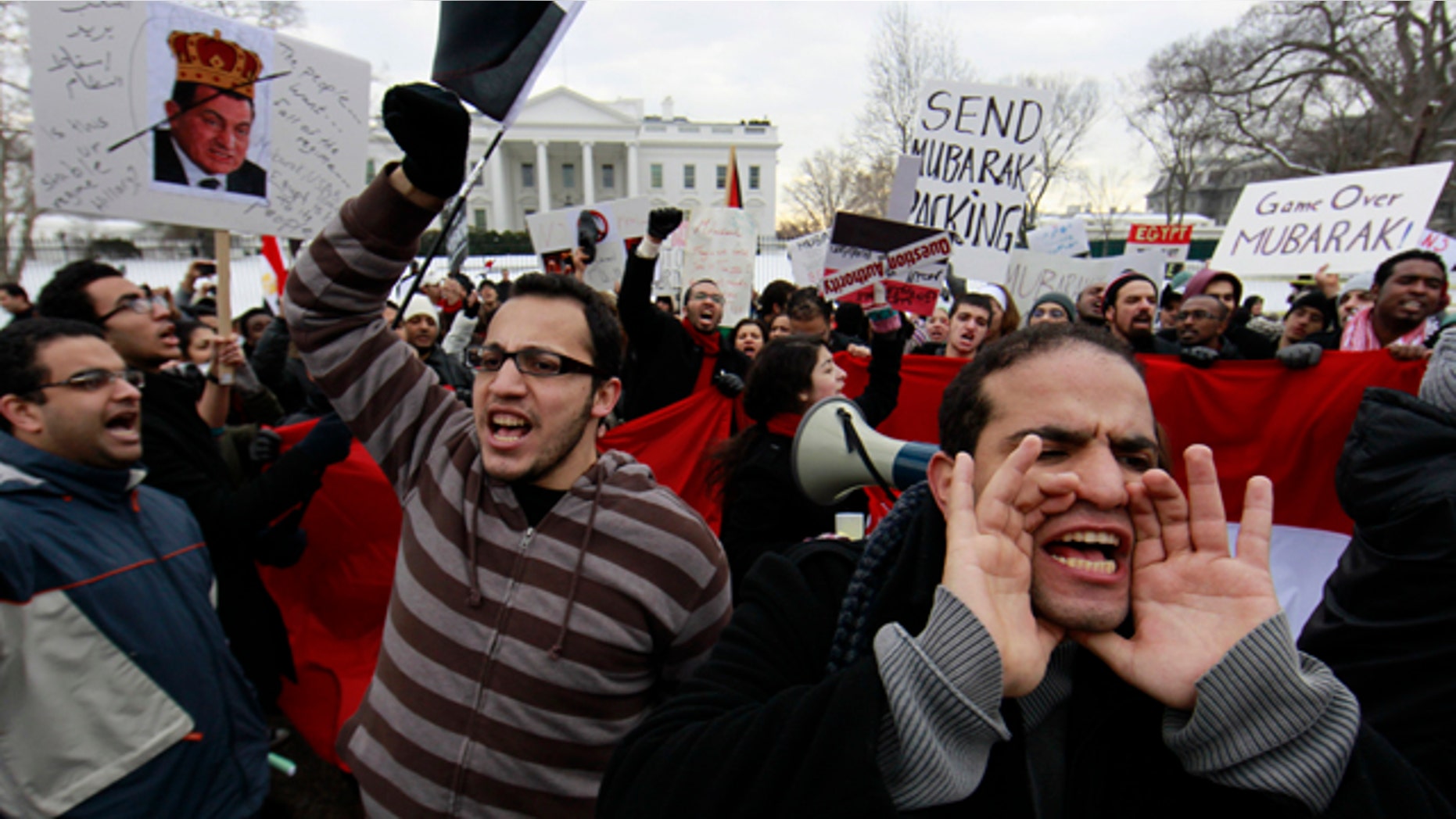 Jan. 29, 2011: A crowd chants in front of the White House in Washington, demanding that Egyptian President Hosni Mubarak step down.