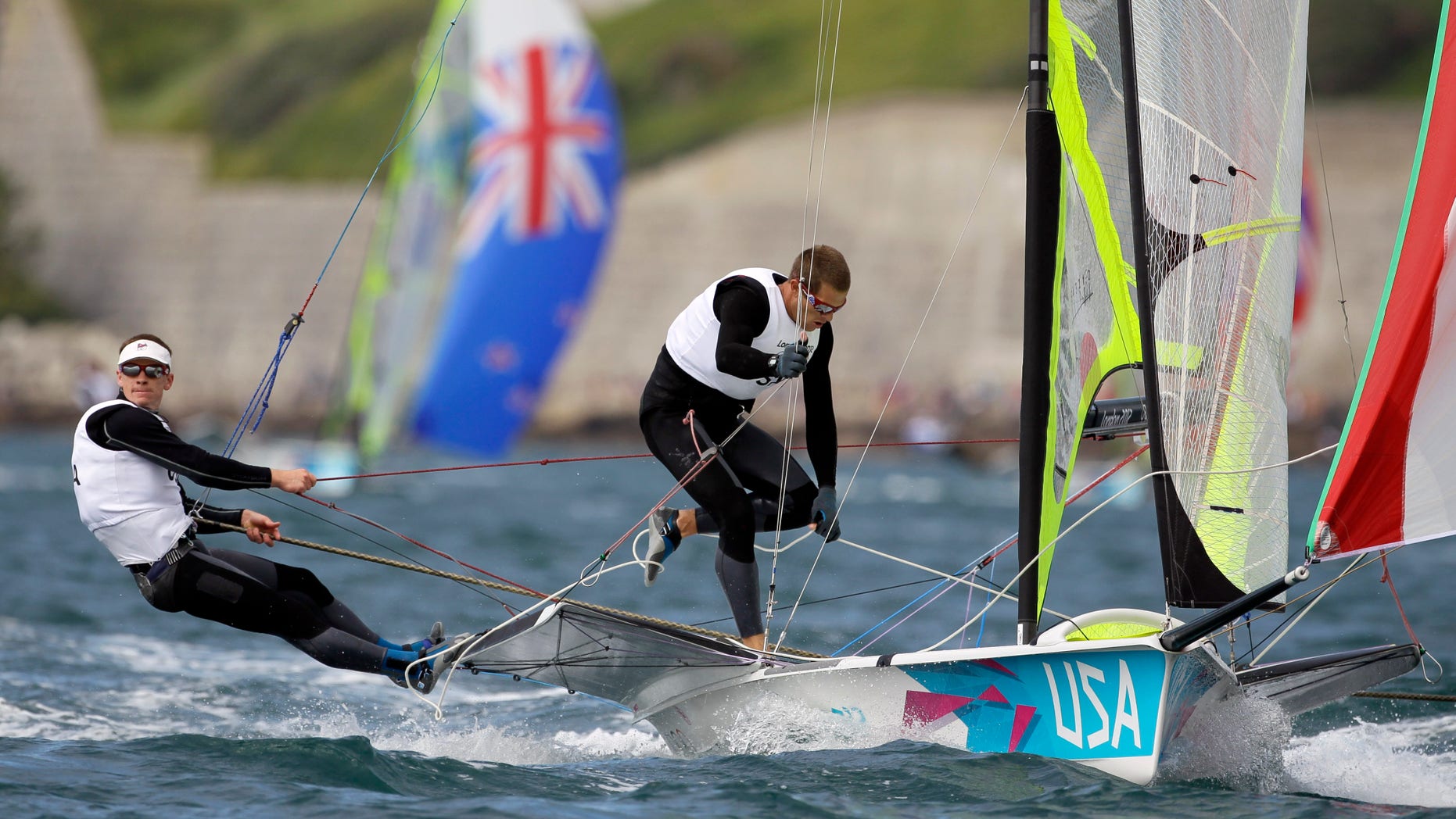 July 30,2012: Erik Storck and Trevor Moore of U.S. sail on 49er Men's Skiff class during the race 1 at the London 2012 Summer Olympics.