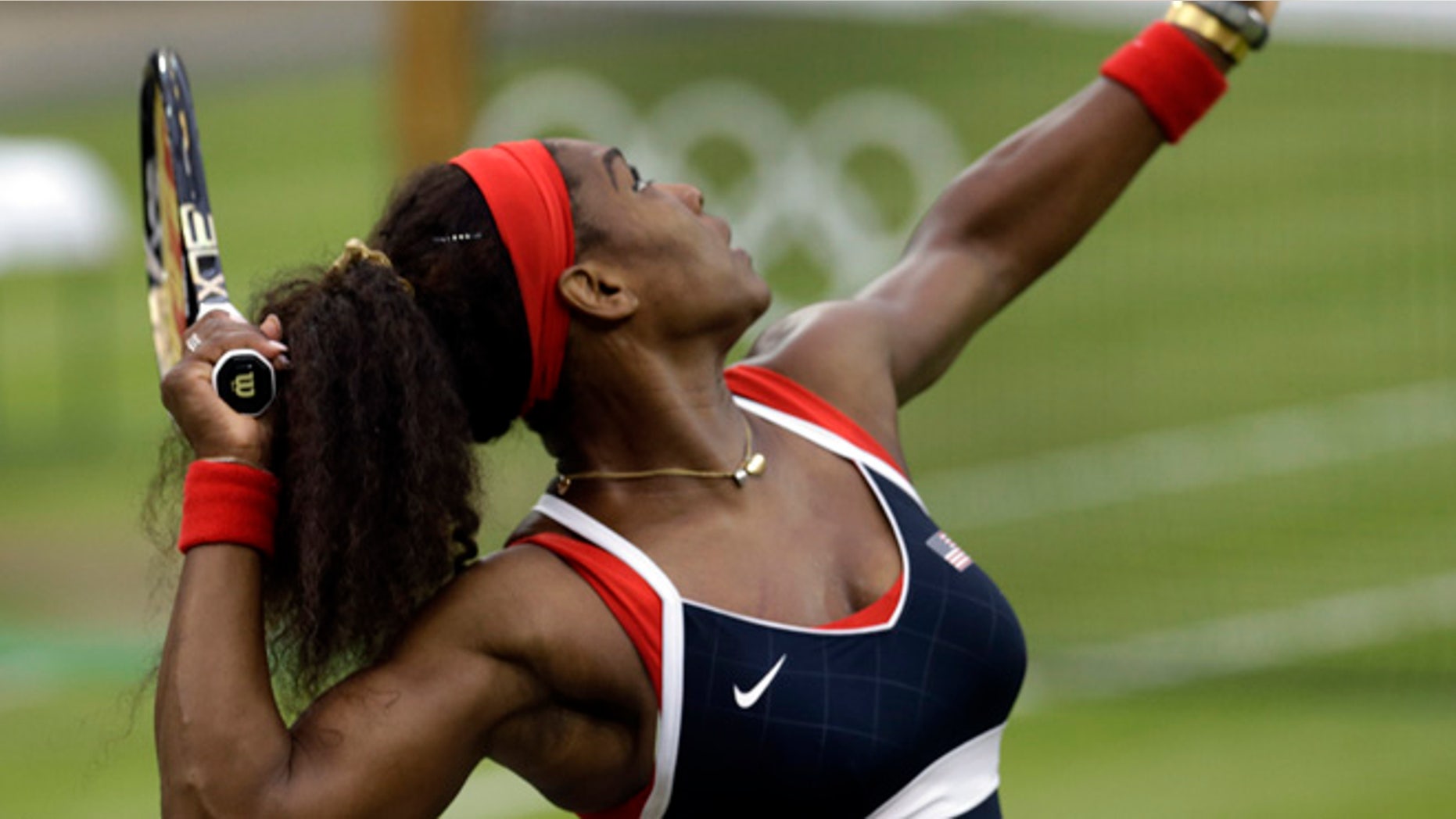 Aug. 1, 2012: Serena Williams of the United States serves to Vera Zvonareva of Russia at the All England Lawn Tennis Club in Wimbledon, London at the 2012 Summer Olympics.