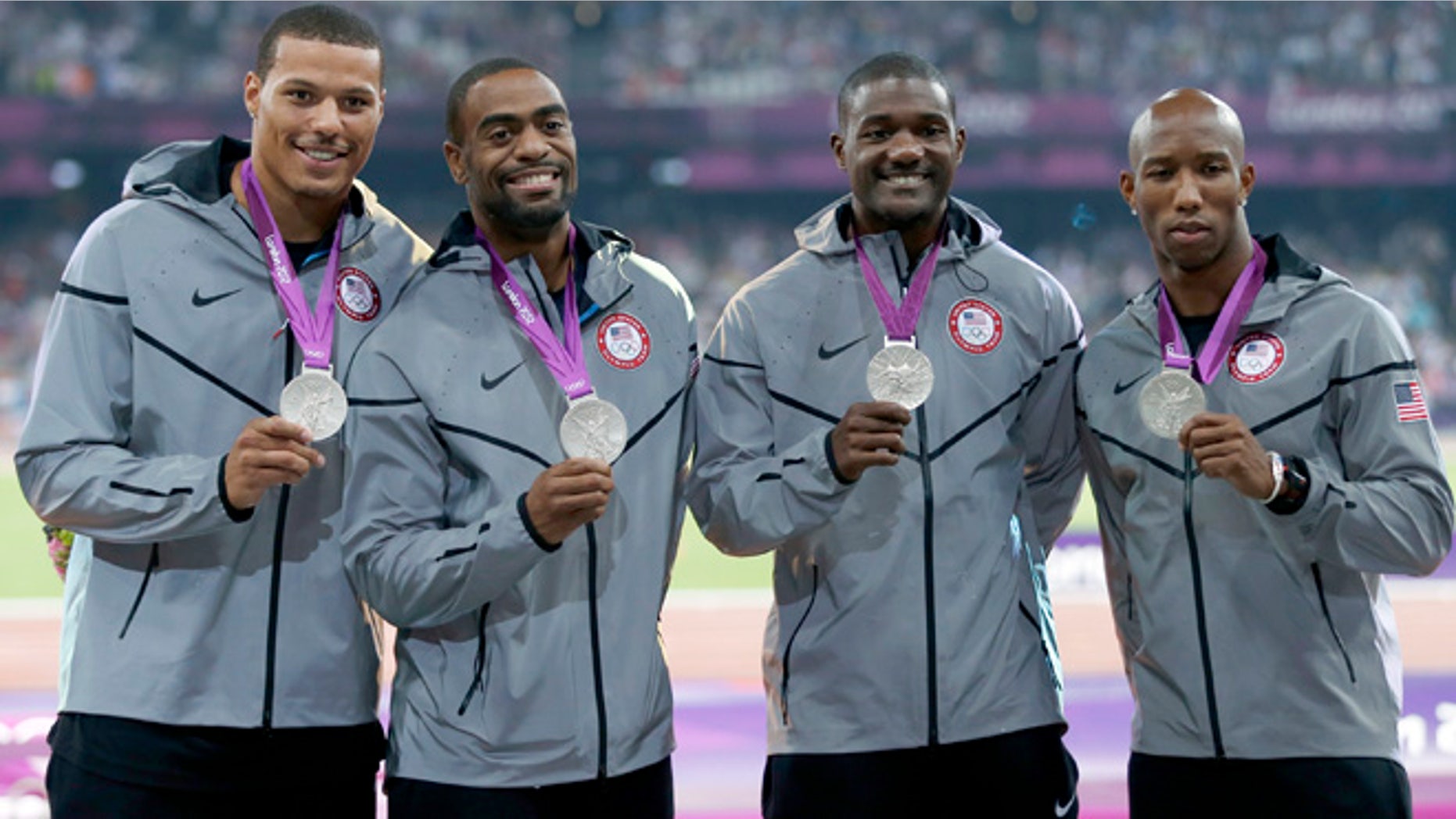 Aug. 11, 2012: Silver medalists (R-L) Trell Kimmons, Justin Gatlin, Tyson Gay and Ryan Bailey of the U.S. pose after receiving their medals for the men's 4x100m relay during the London 2012 Olympic Games at the Olympic Stadium.