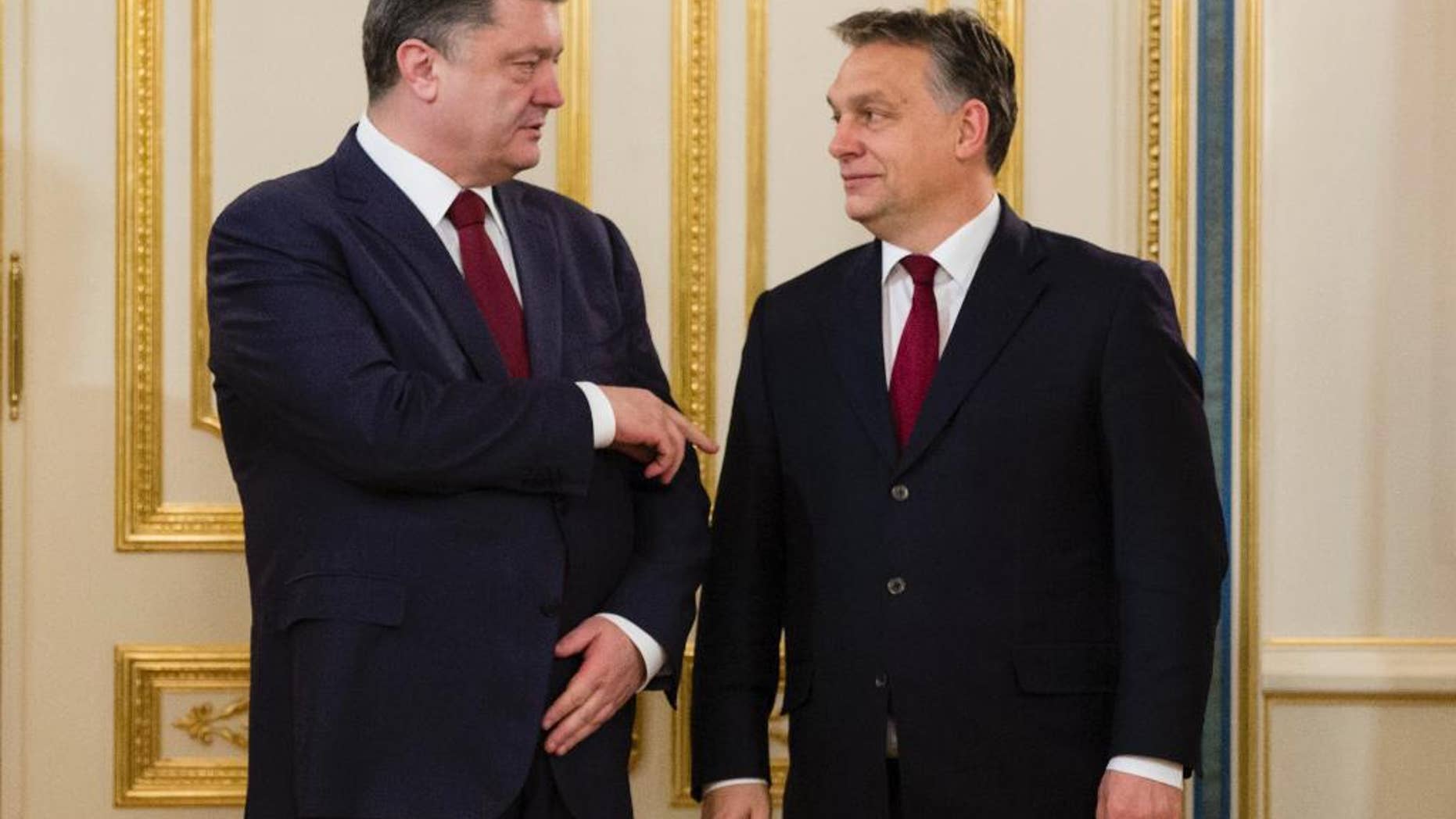 Ukraine's President Petro Poroshenko, left, talks with Hungarian Prime Minister Viktor Orban in Kiev, Ukraine, Friday, Feb. 13, 2015. (AP Photo/Mikhail Palinchak, Pool)