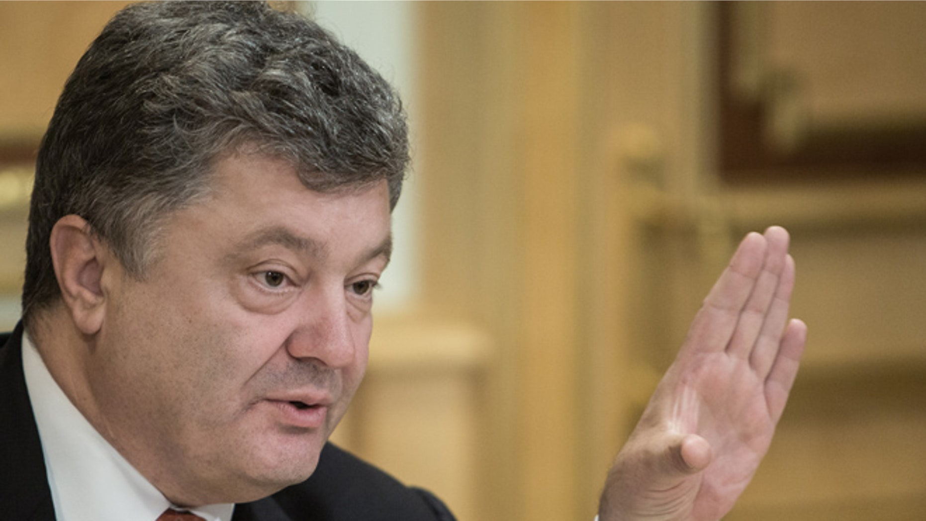 Sept. 16, 2015, Ukrainian President Petro Poroshenko speaks with EU officials in Kiev, Ukraine.