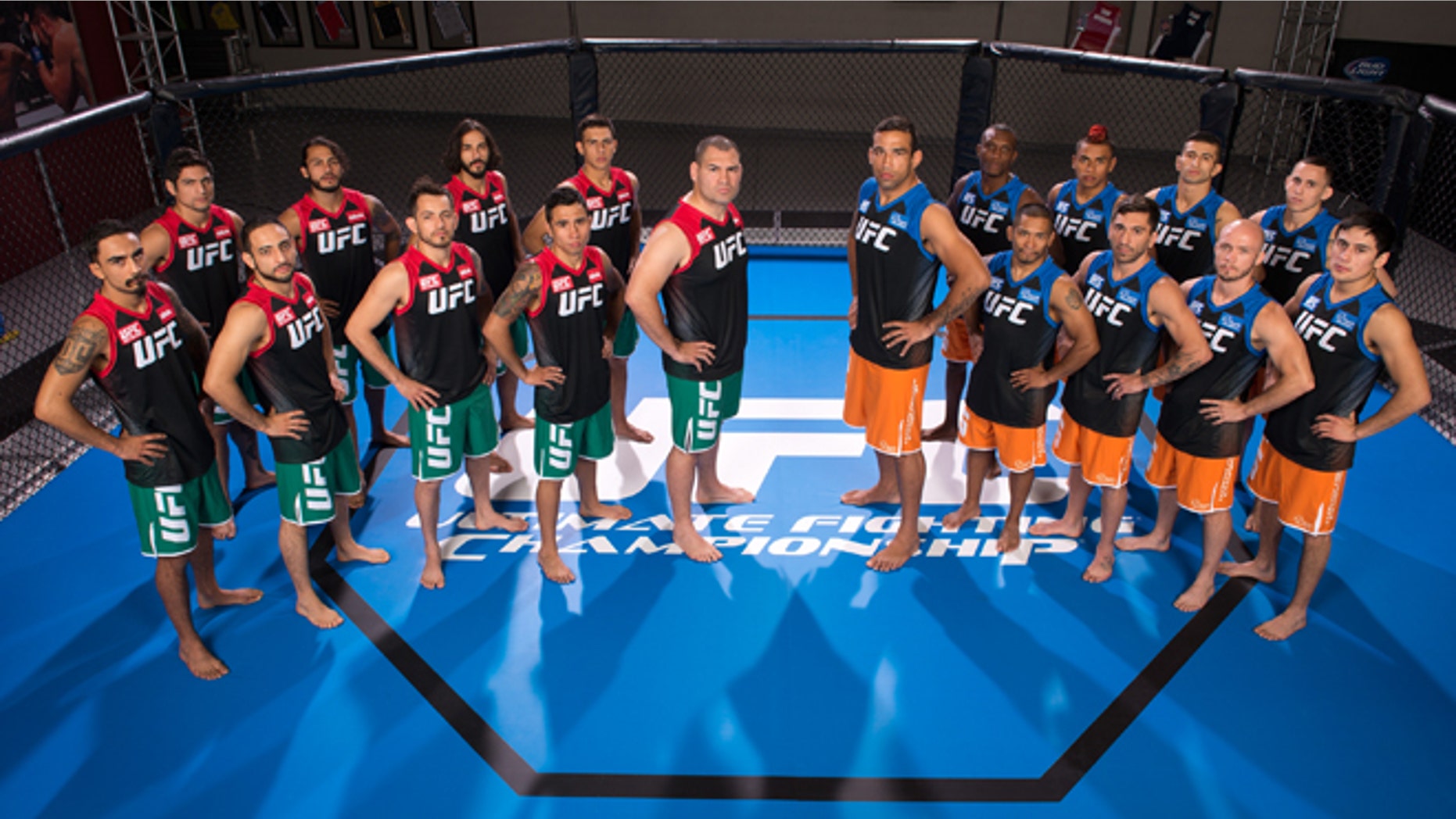 LAS VEGAS, NV - MAY 15: Team Velasquez and Team Werdum pose for a group portrait inside the Octagon on media day during filming of The Ultimate Fighter Latin America on May 15, 2014 in Las Vegas, Nevada. (Photo by Jeff Bottari/Zuffa LLC/Zuffa LLC via Getty Images) *** Local Caption ***Cain Velasquez; Fabricio Werdum
