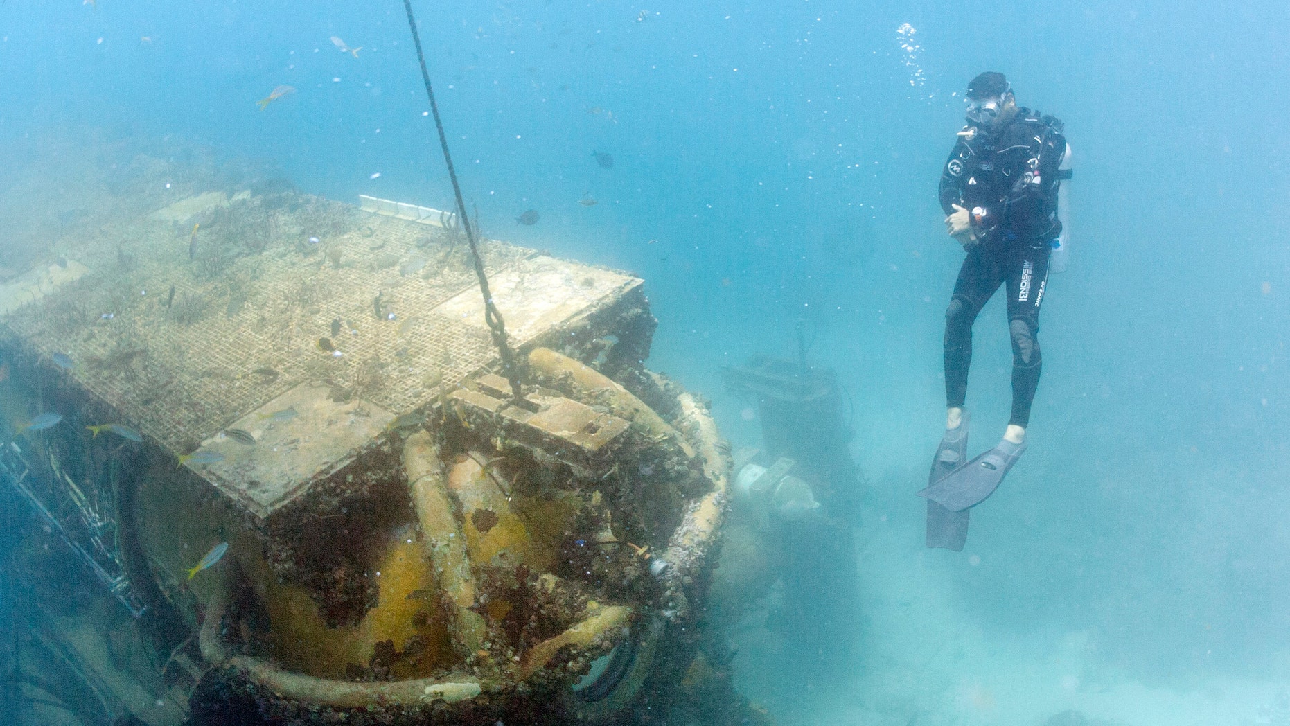 Thomas Potts, director of Florida International University's Aquarius Reef Base, dives down to Aquarius, Tuesday, June 24, 2014. A team of filmmakers and researchers dove with Fabien Cousteau on June 1 to Aquarius, a laboratory 63 feet below the surface in the waters off Key Largo, in the Florida Keys National Marine Sanctuary. At the missions mid-point, the FIU researchers traded places with researchers from Northeastern, who will return to land July 2 with Cousteau. Theyve been studying the effects of climate change and pollutants such as fertilizers on the reef. (AP Photo/Wilfredo Lee)