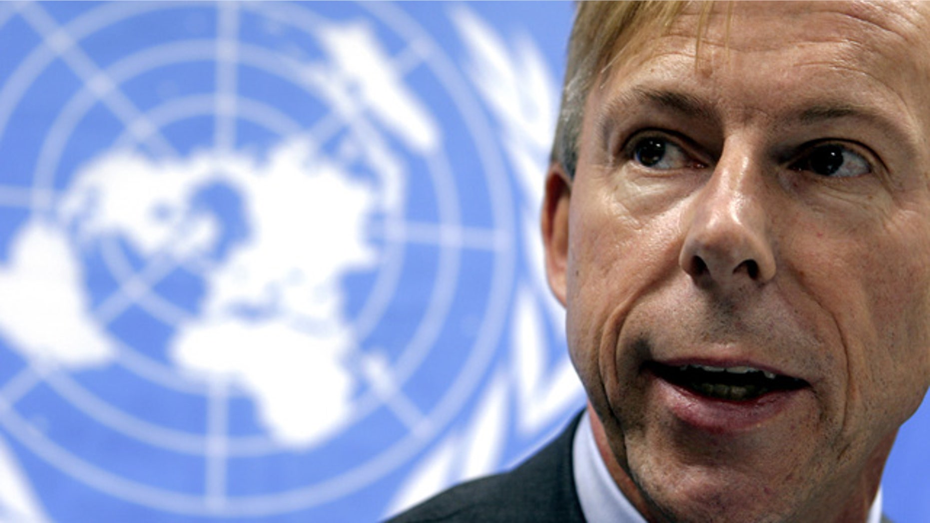 FILE - In this Feb. 13, 2006, file photo, Anders Kompass, the U.N. High Commission for Human Rights representative in Guatemala, speaks with members of the media during a news conference in Guatemala City. (AP Photo/Moises Castillo, File)