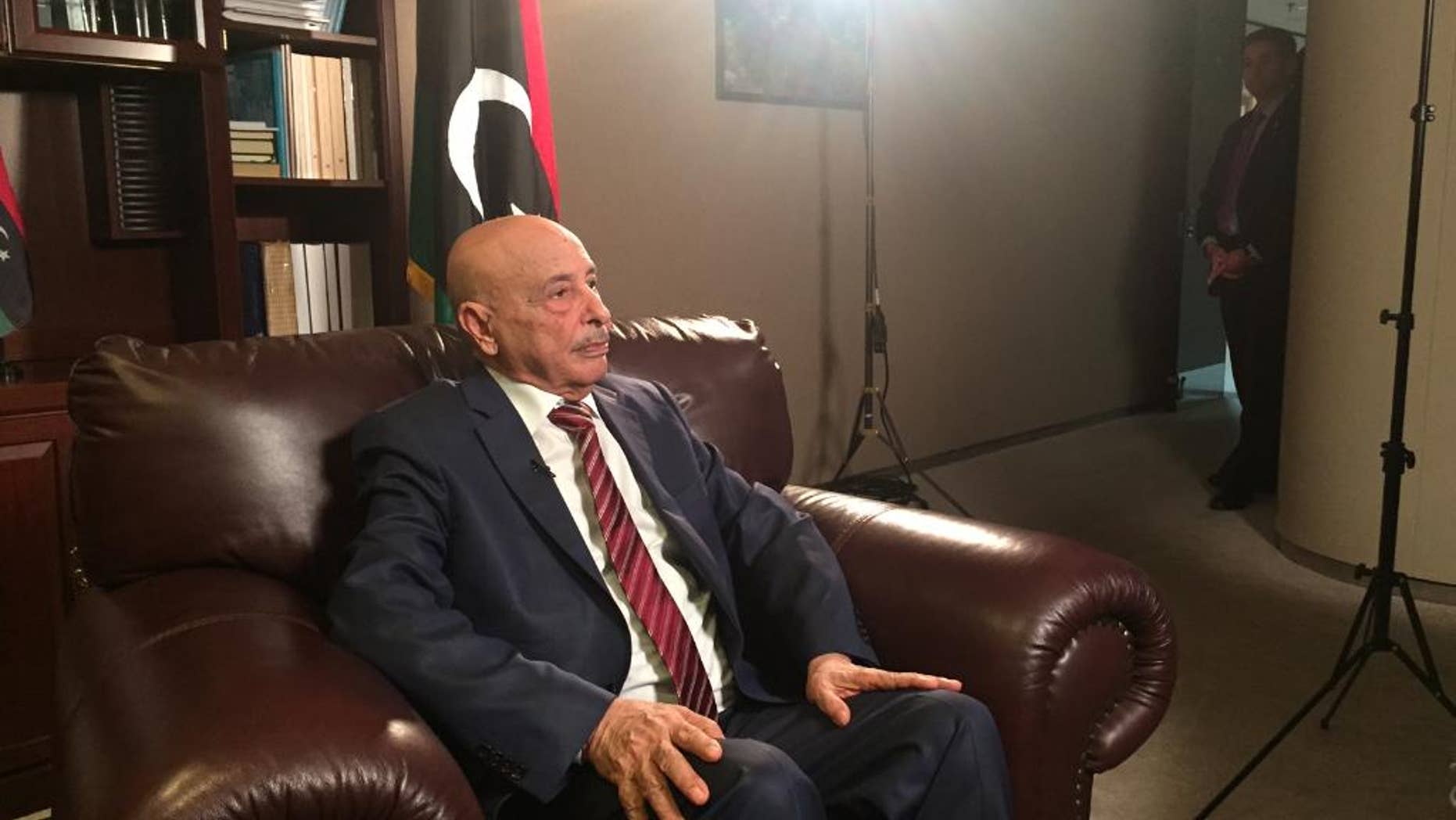 Libya's parliament speaker Ageila Saleh speaks during an interview Sunday, Sept. 27, 2015, at United Nations headquarters. (AP Photo/Cara Anna)
