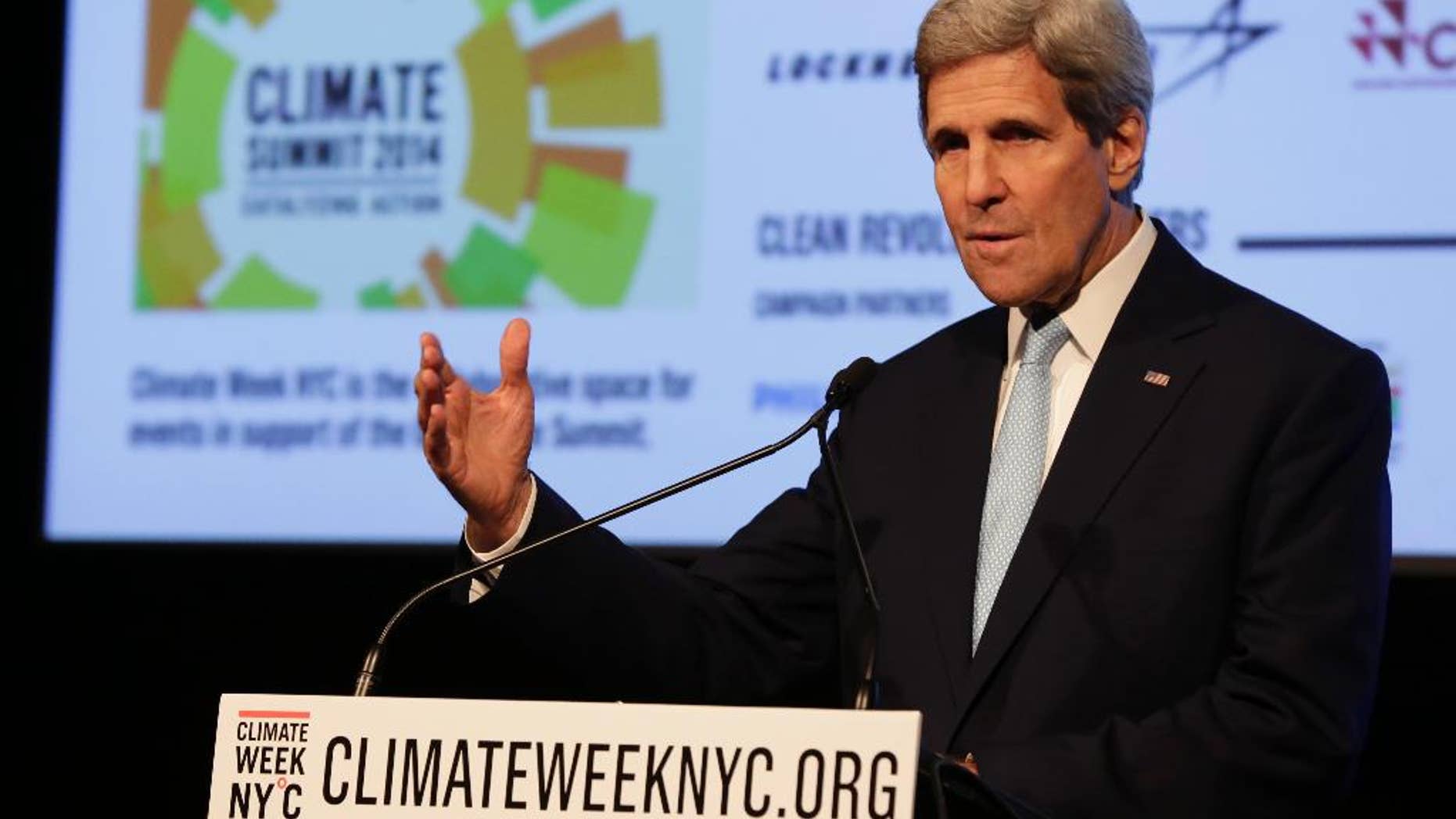 U.S. Secretary of State John Kerry delivers remarks at a NYC Climate Week opening event, at the Morgan Library in New York, Monday, Sept. 22, 2014. (AP Photo/Richard Drew)