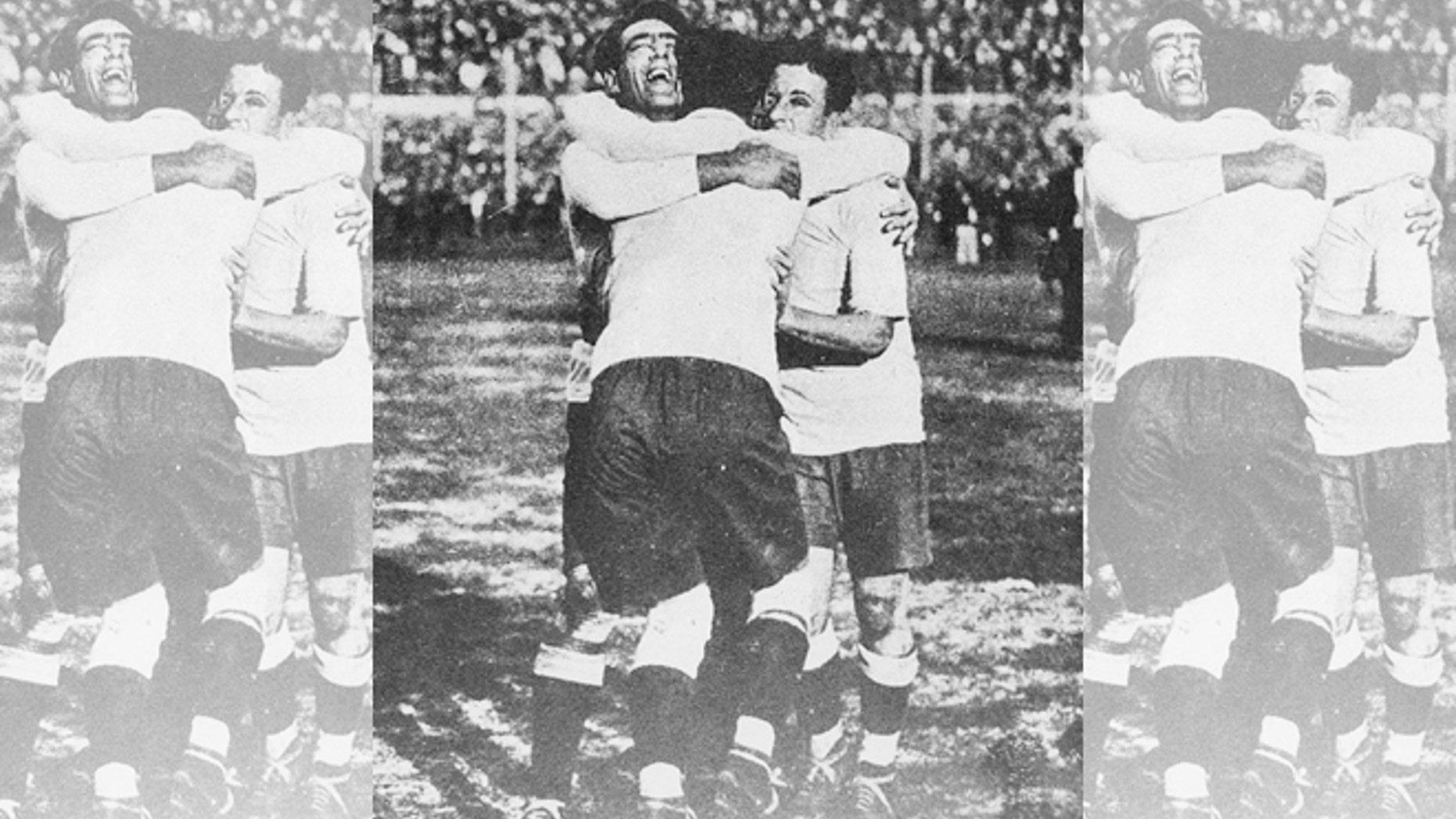 Lorenzo Fernandez, Pedro Cea and Hector Scarone of the Uruguayan national team celebrating winning the first World Cup in 1930 in Montevideo.