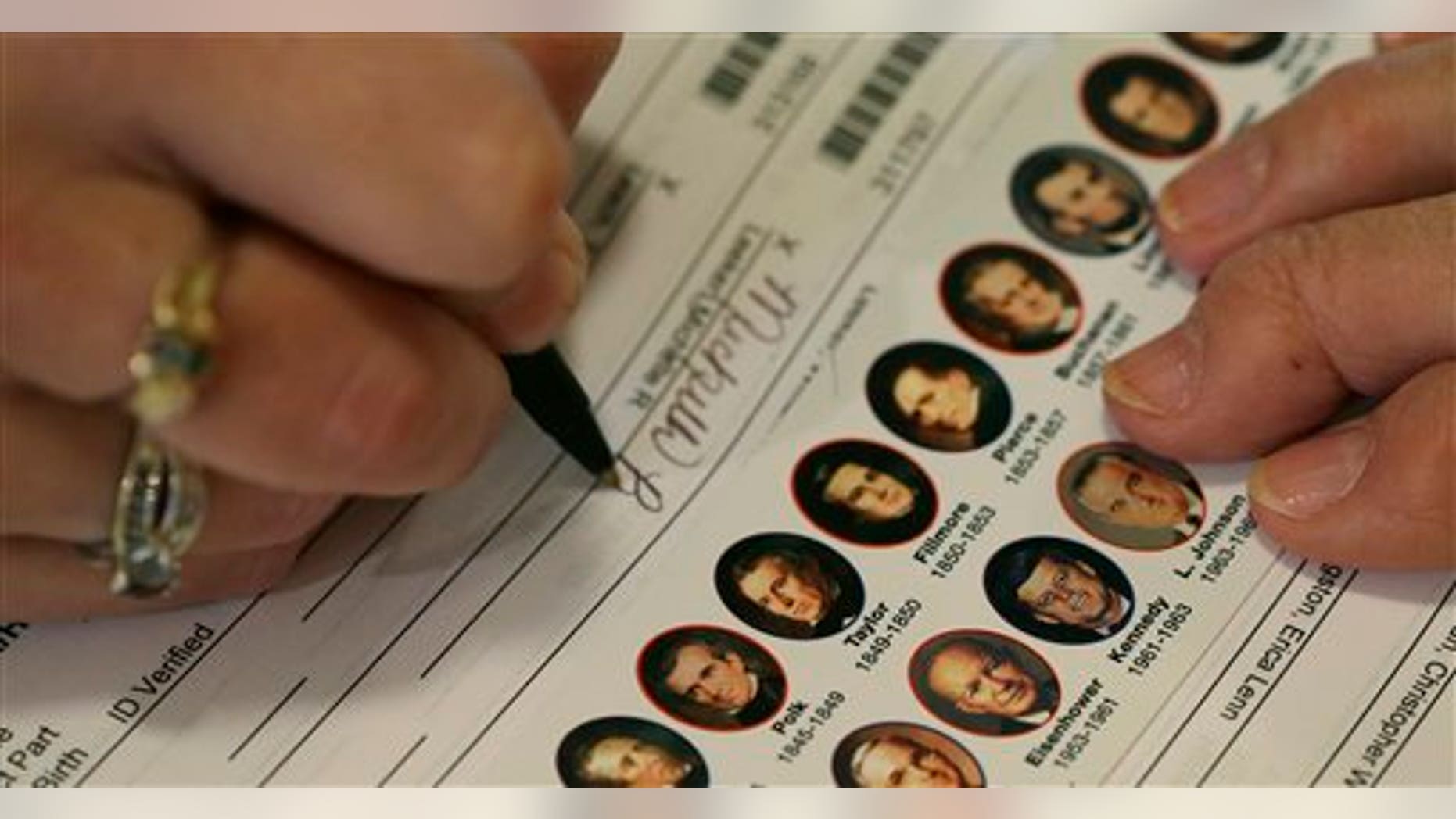 A voter signs a register as she prepares to cast her ballot in the midterm elections at the old Brown School Tuesday, Nov. 4, 2014, in rural Wellsville, Kan. (AP Photo/Charlie Riedel)
