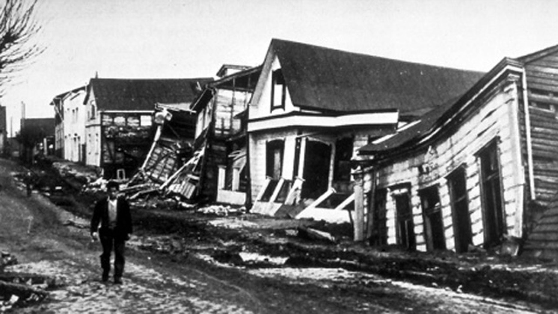 Street scene from Valdivia, Chile, after the 1960 magnitude-9.5 earthquake -- the largest ever recorded.