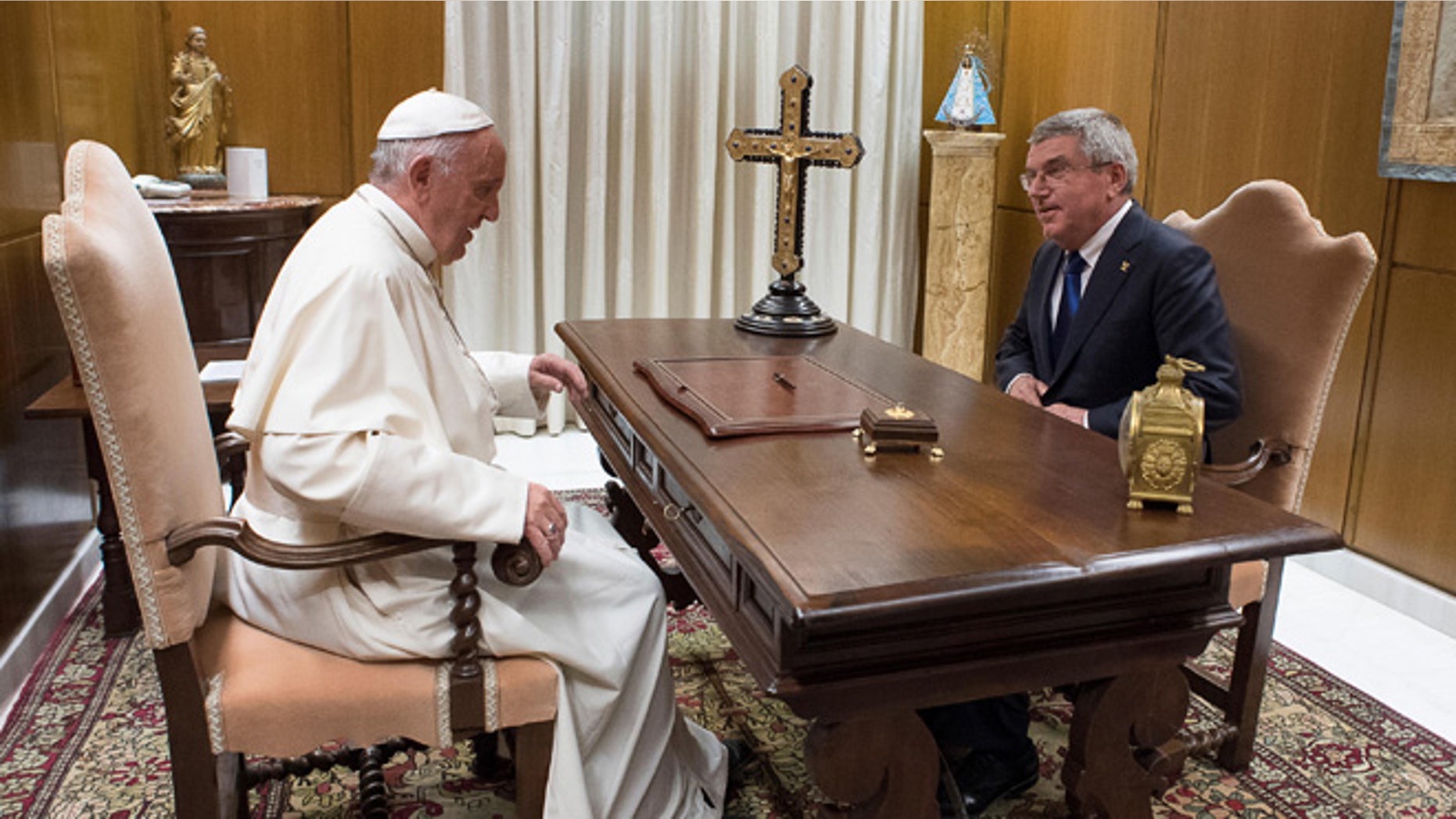 Pope Francis meets Thomas Bach, President of the International Olympic Committee, on Wednesday, Oct. 5, 2016.