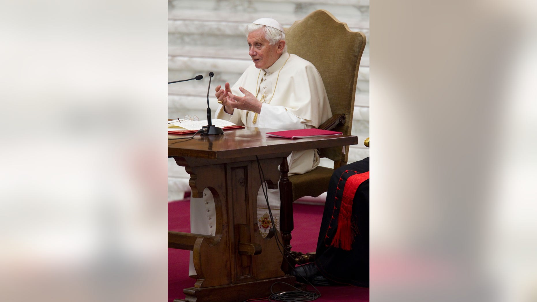 Pope Benedict XVI delivers his speech during special audience he held for members of the Roman Curia, in the Pope Paul VI hall at the Vatican, Thursday, Feb. 23, 2012. (AP Photo/Andrew Medichini)