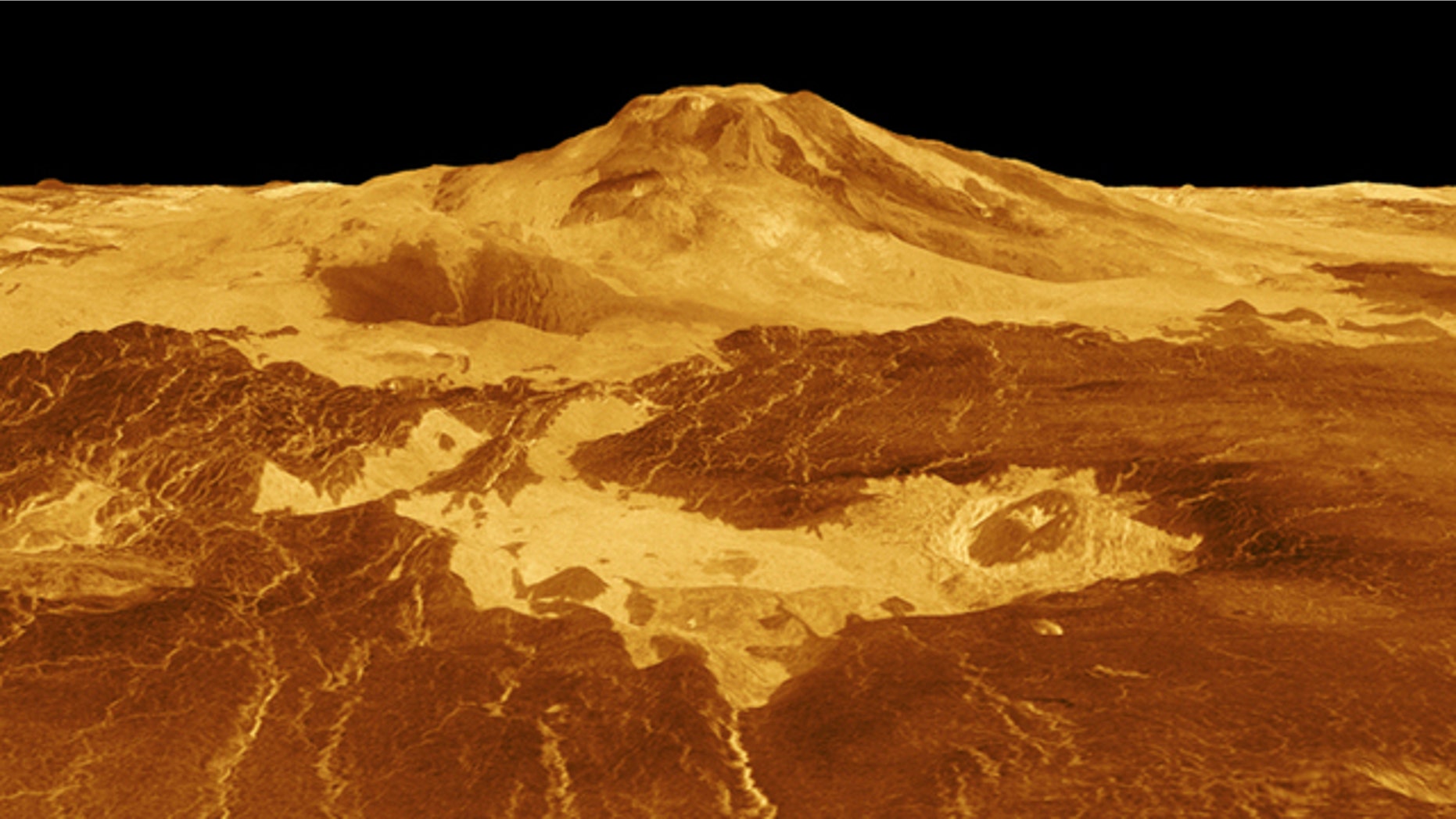 Lava flows extend for hundreds of miles across the fractured plains at the base of volcano Maat Mons, seen in this computer generated three-dimensional perspective of the surface of Venus.