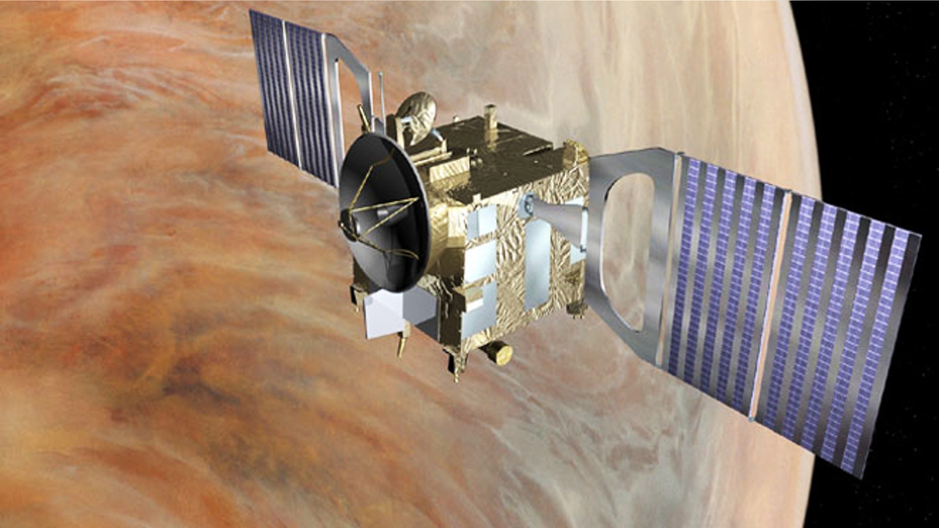 An artist's interpretation of the European Space Agency's (ESA) Venus Express spacecraft orbiting the second planet in our Solar System.