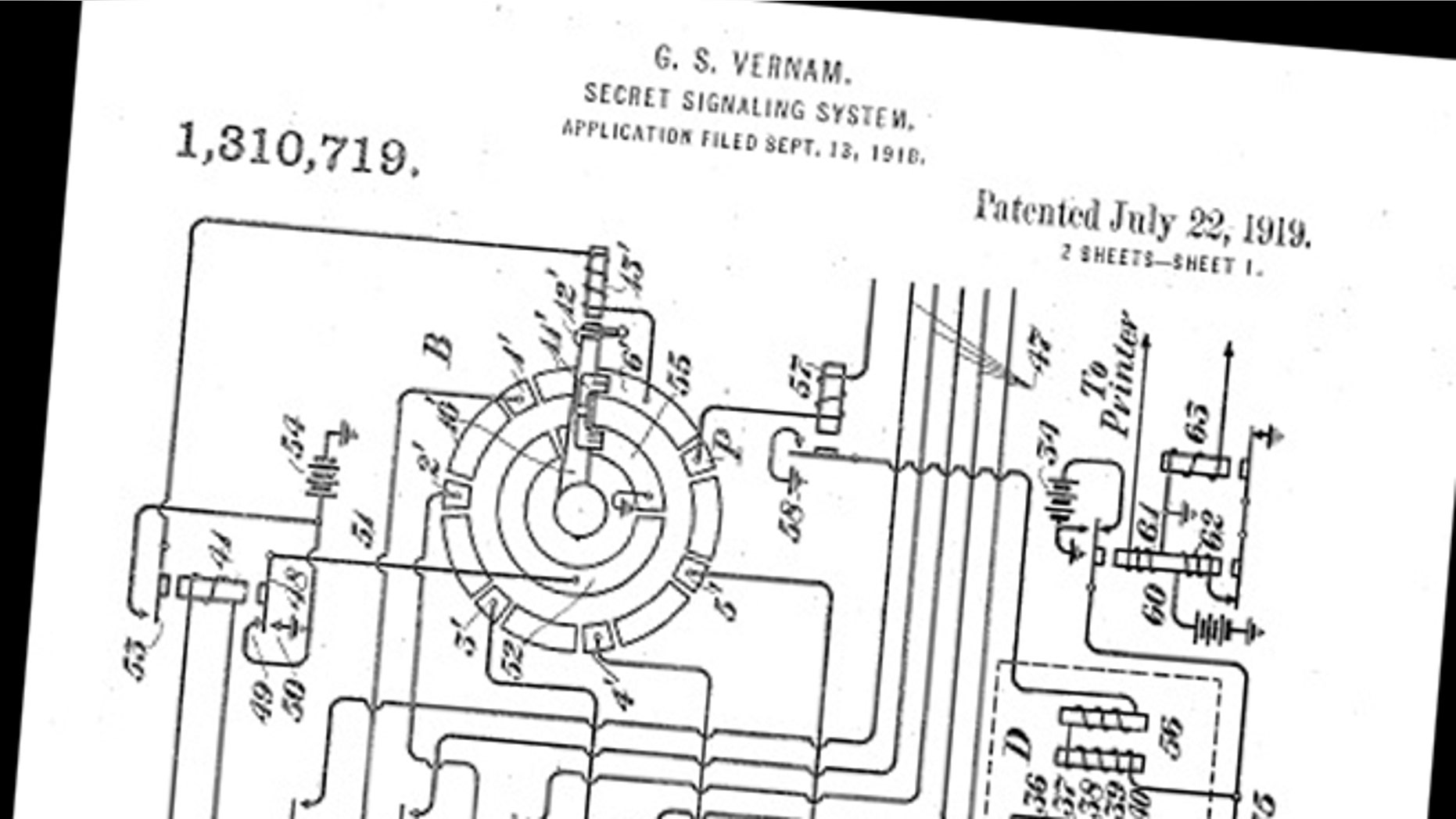A photo from the patent application for Gilbert Vernam's original teletype encryption machine.