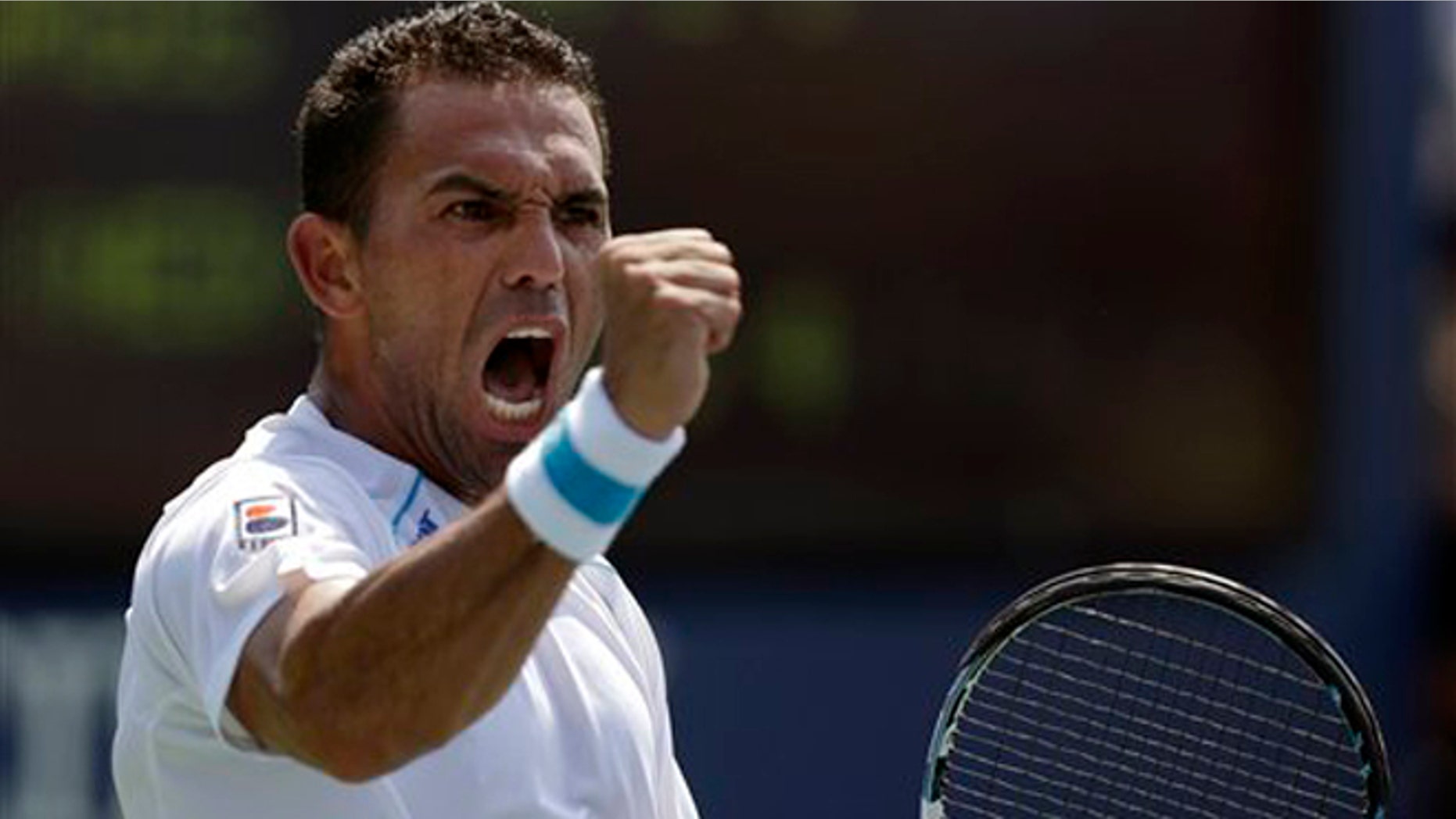 El dominicano VÃctor Estrella durante el partido ante el holandés Igor Sijsling en la primera ronda del Abierto de Estados Unidos el martes 26 de agosto de 2014. (AP Foto/Darron Cummings)