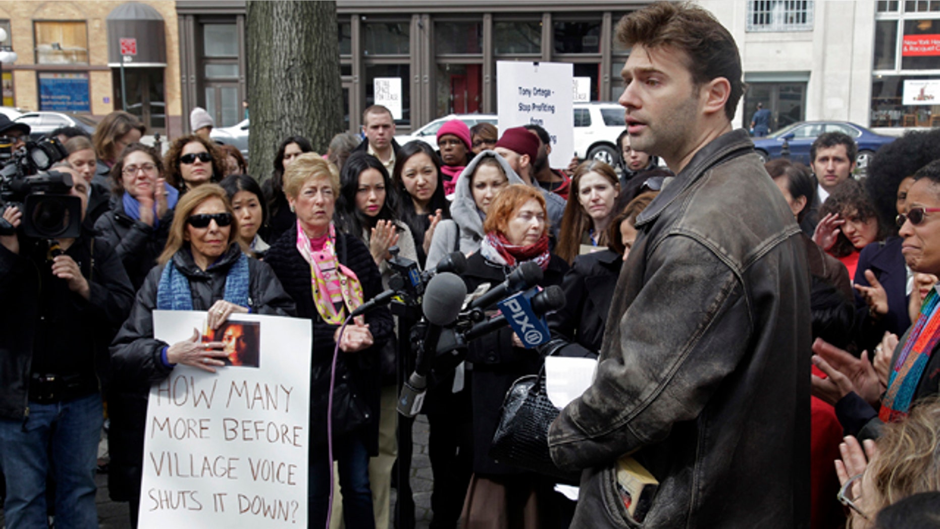John Buffalo Mailer, son of Village Voice founder Norman Mailer, speaks at a protest in the front of the alternative weekly's Manhattan offices.