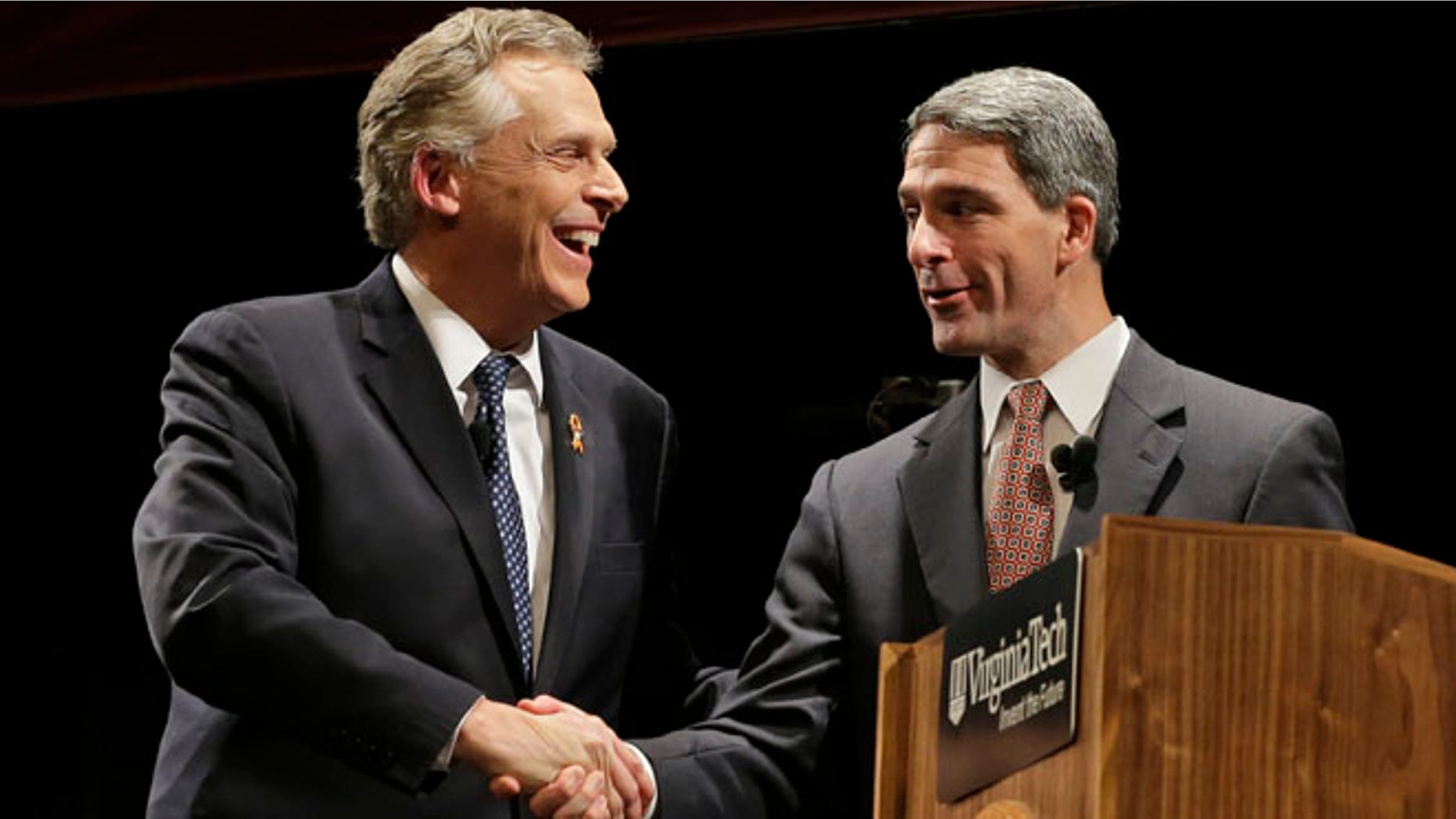 Democratic gubernatorial candidate, Terry McAuliffe and Republican challenger Virginia Attorney General Ken Cuccinelli after a debate at Virginia Tech in Blacksburg, Va., Thursday, Oct. 24, 2013.