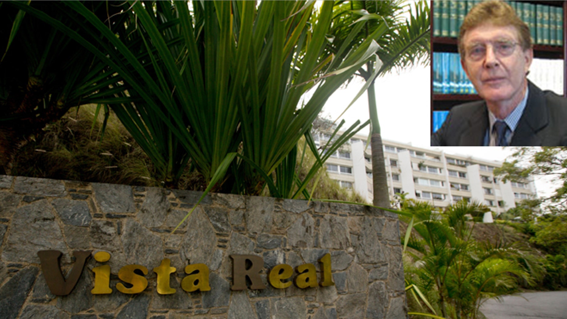 The main entrance of the Vista Real building complex, where John Ralston Pate (inset), was found dead on Sunday, Aug. 9, 2015. (Photos: Main, AP Photo/Fernando Llano; inset, via De Sola Pate & Brown)
