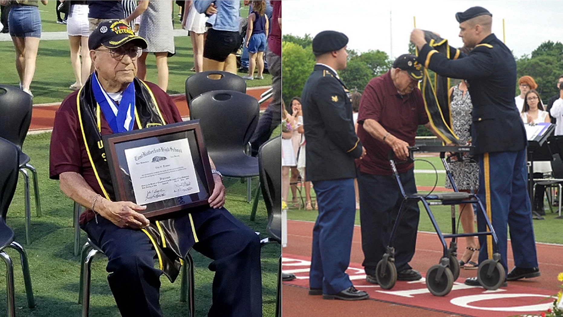 Vito Trause, 93, receives a high school diploma from Becton Regional High School in East Rutherford, New Jersey.