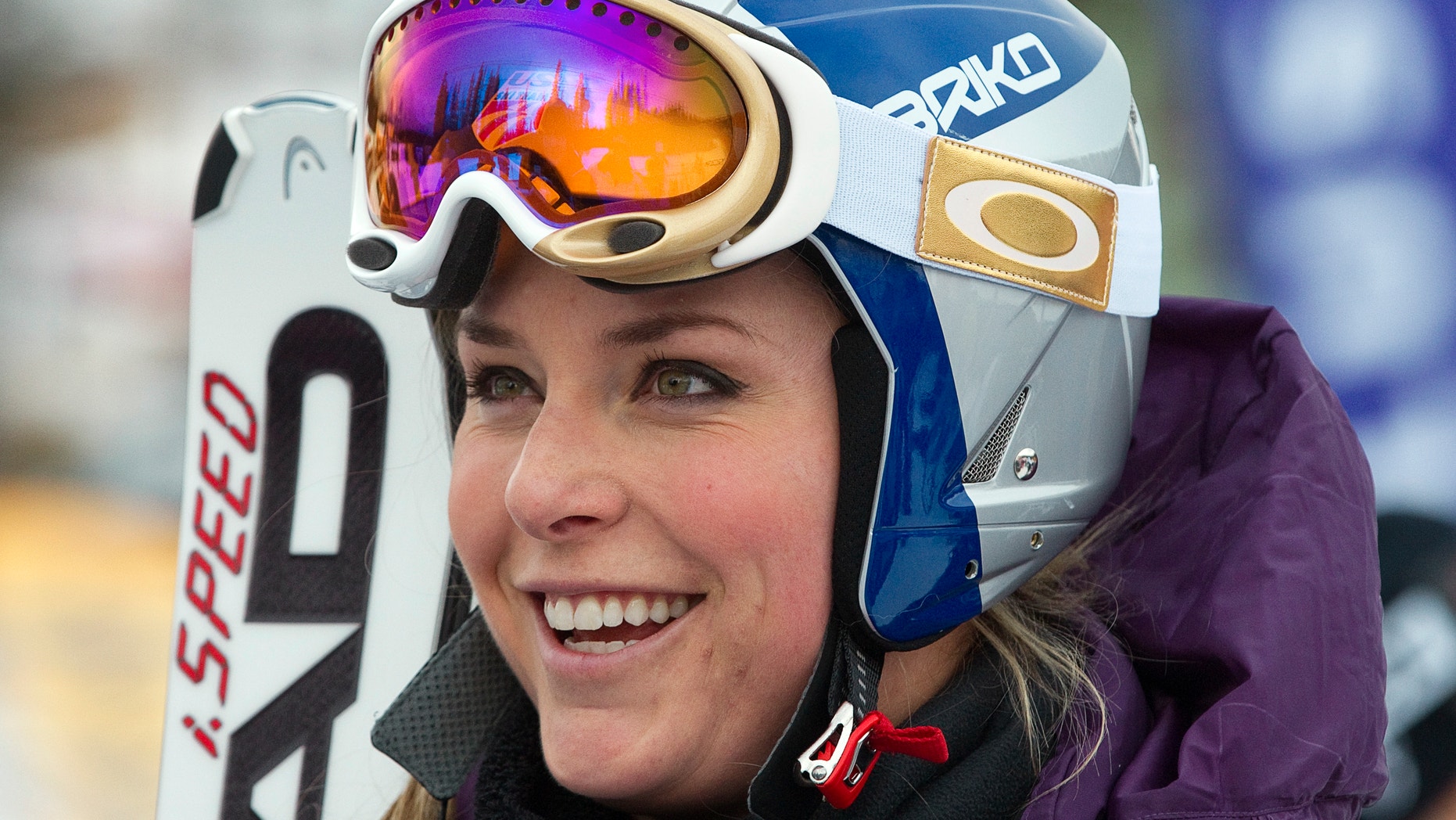 Nov. 29, 2011: Lindsay Vonn of the U.S. reacts following her run during training for the Women's World Cup alpine skiing race in Lake Louise, Alberta