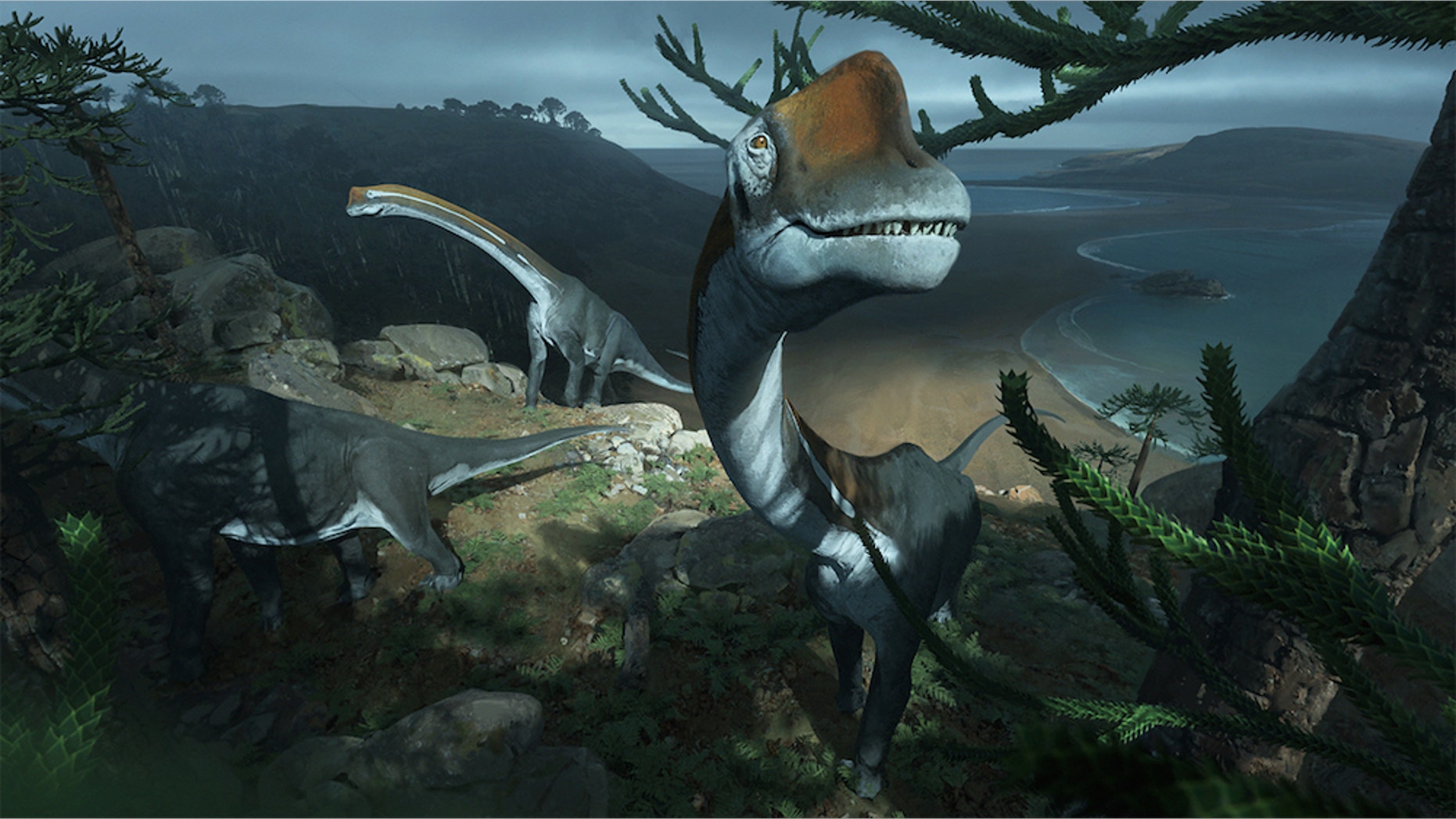 A herd of Vouivria damparisensis dinosaurs roaming the coastline of ancient Europe.