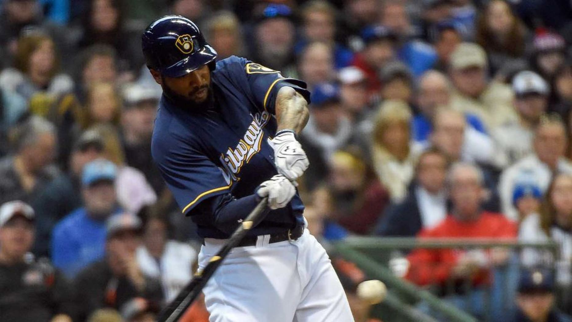 Sunday, April 10: Milwaukee Brewers right fielder Domingo Santana drives in a run with a double in the fourth inning against the Houston Astros at Miller Park in Milwaukee. The Brewers took the series with a 3-2 win.