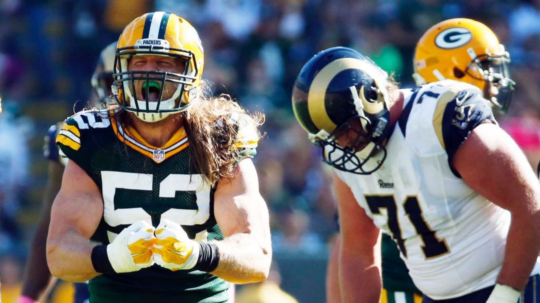 Sunday, Oct. 11: The Green Bay Packers' Clay Matthews celebrates after sacking St. Louis Rams quarterback Nick Foles during the second half in Green Bay, Wis.