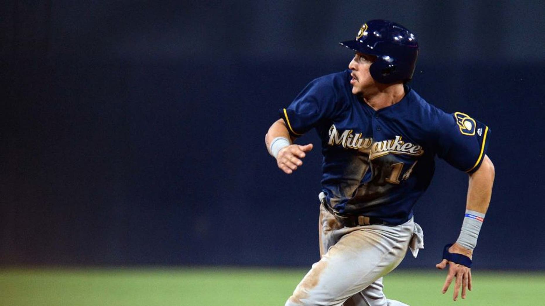 Tuesday, Aug. 2, 2016: Milwaukee Brewers third baseman Hernan Perez rounds the bases to score on a double by first baseman Chris Carter (not pictured) during the sixth inning against the San Diego Padres at Petco Park in San Diego.