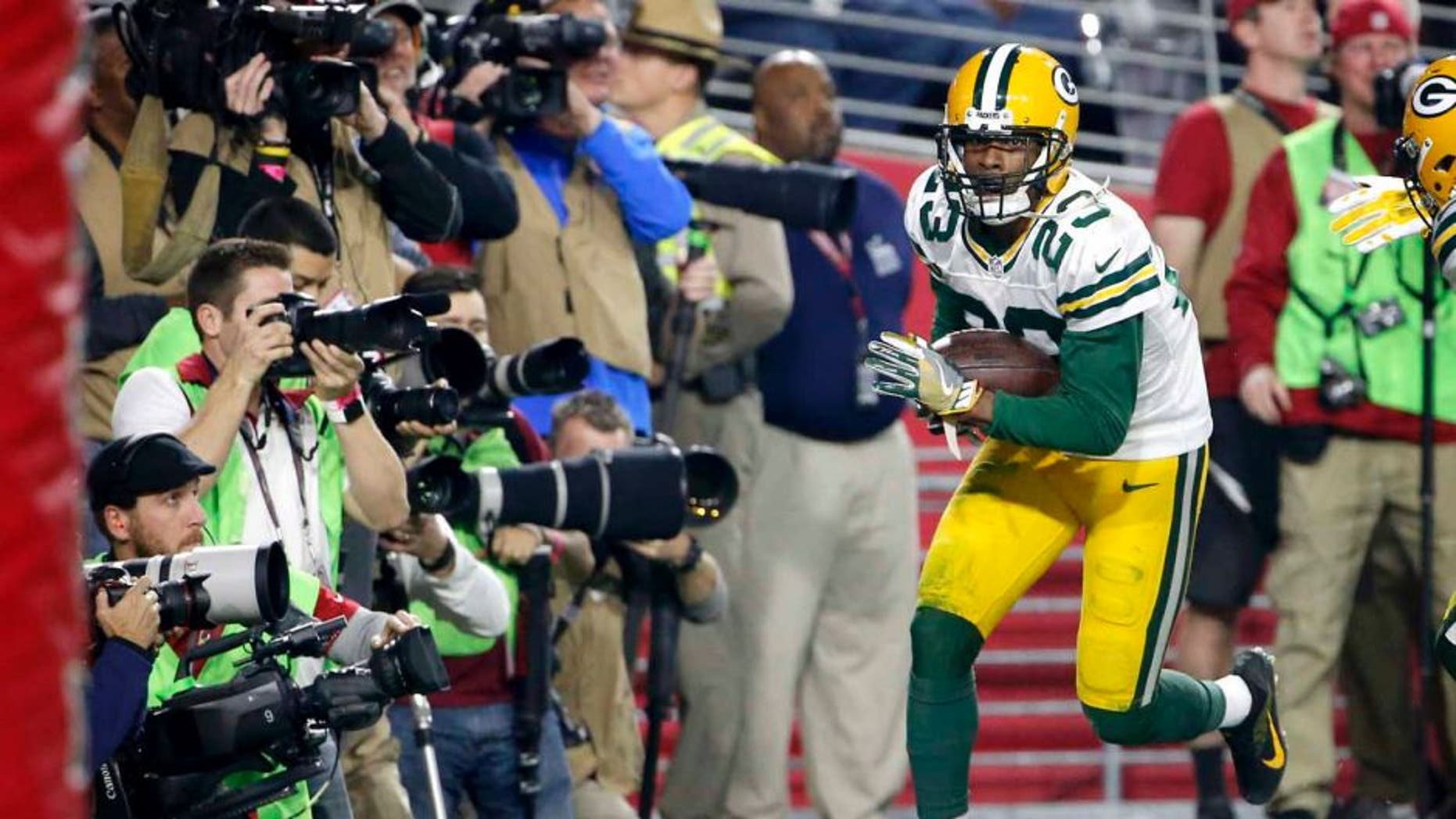 Saturday, Jan. 16: Green Bay Packers cornerback Damarious Randall celebrates his interception in the end zone against the Arizona Cardinals during the second half in Glendale, Ariz.