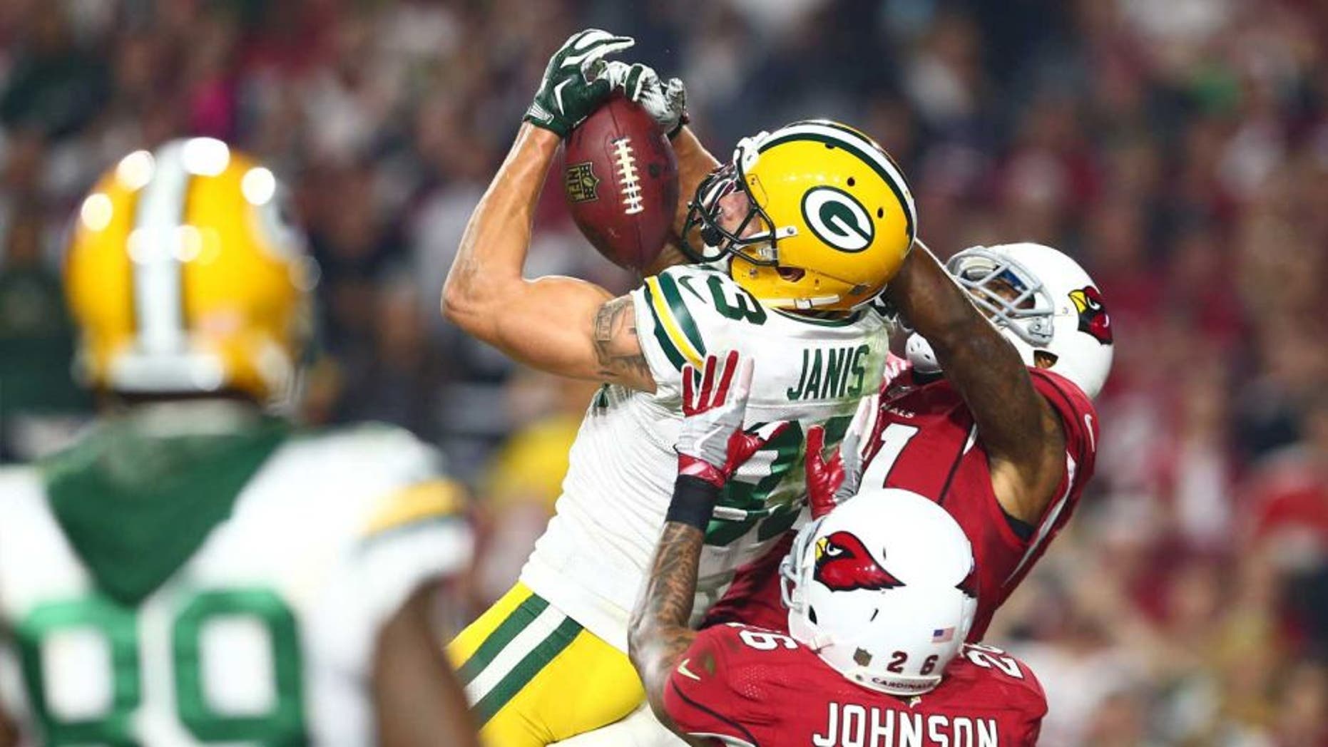Saturday, Jan. 16: Green Bay Packers wide receiver Jeff Janis catches a Hail Mary pass for a touchdown against the Arizona Cardinals during the fourth quarter in a NFC Divisional Round playoff game at University of Phoenix Stadium in Glendale, Ariz.
