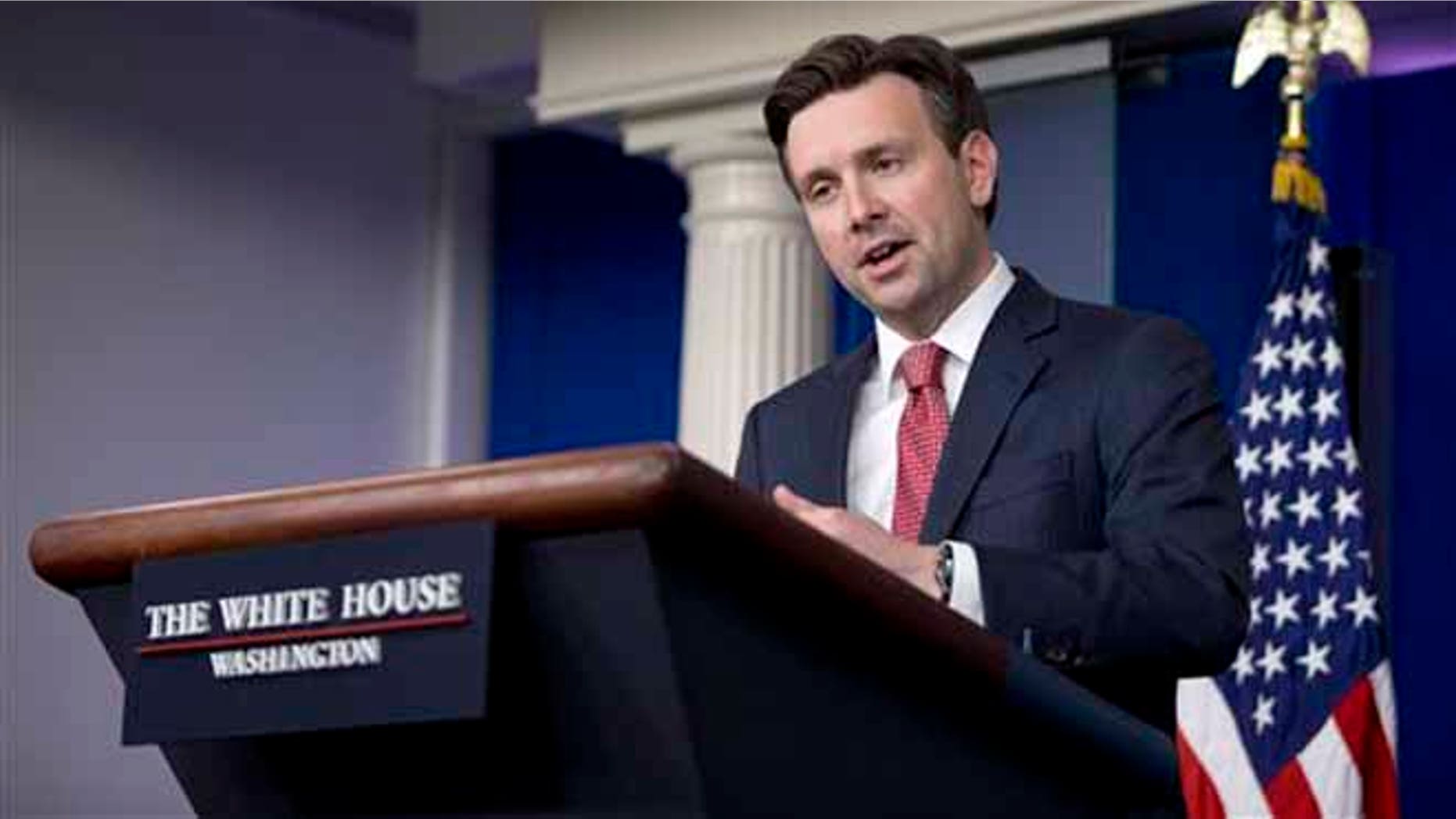 White House press secretary Josh Earnest speaks during the daily news briefing at the White House in Washington, Friday, April 24, 2015. Earnest discussed the drone strikes had killed two Western hostages and two Americans who worked for al-Qaida, and other topics. (AP Photo/Carolyn Kaster)