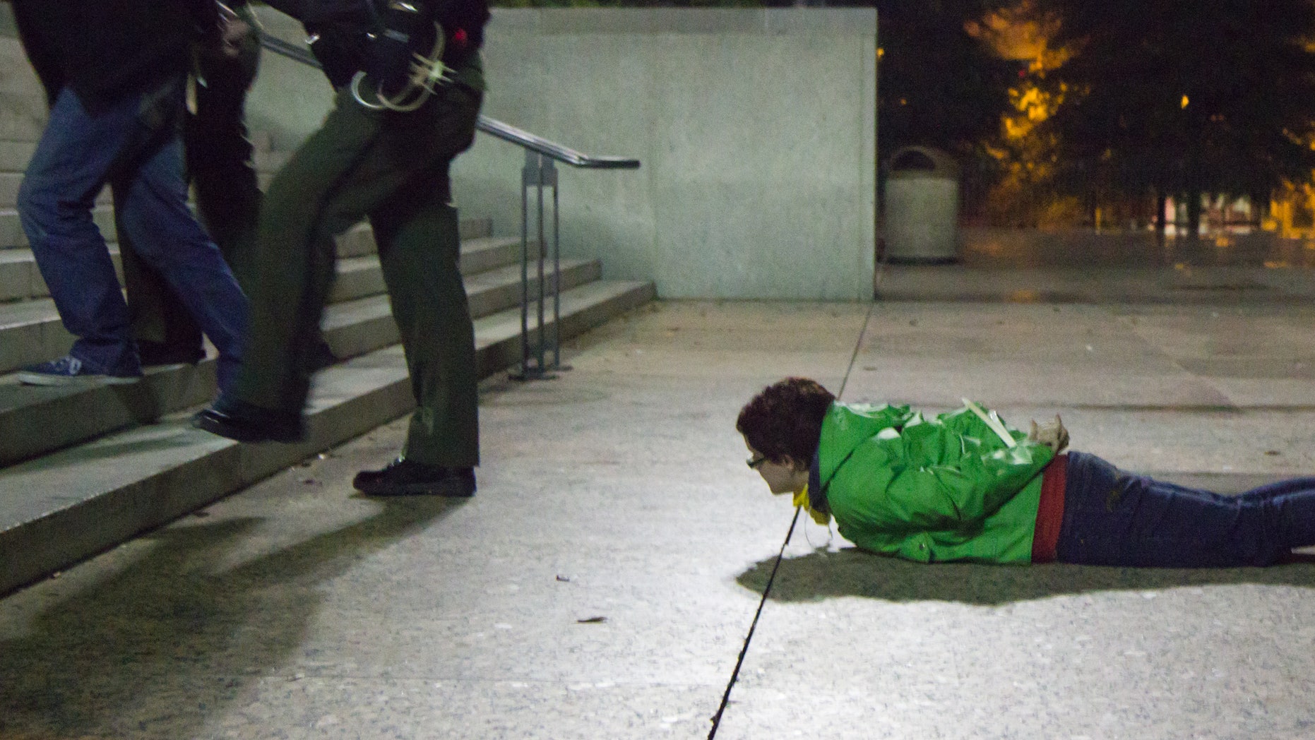 Oct. 28, 2011: An arrested woman watches from the ground of the Legislative Plaza in Nashville, Tenn.