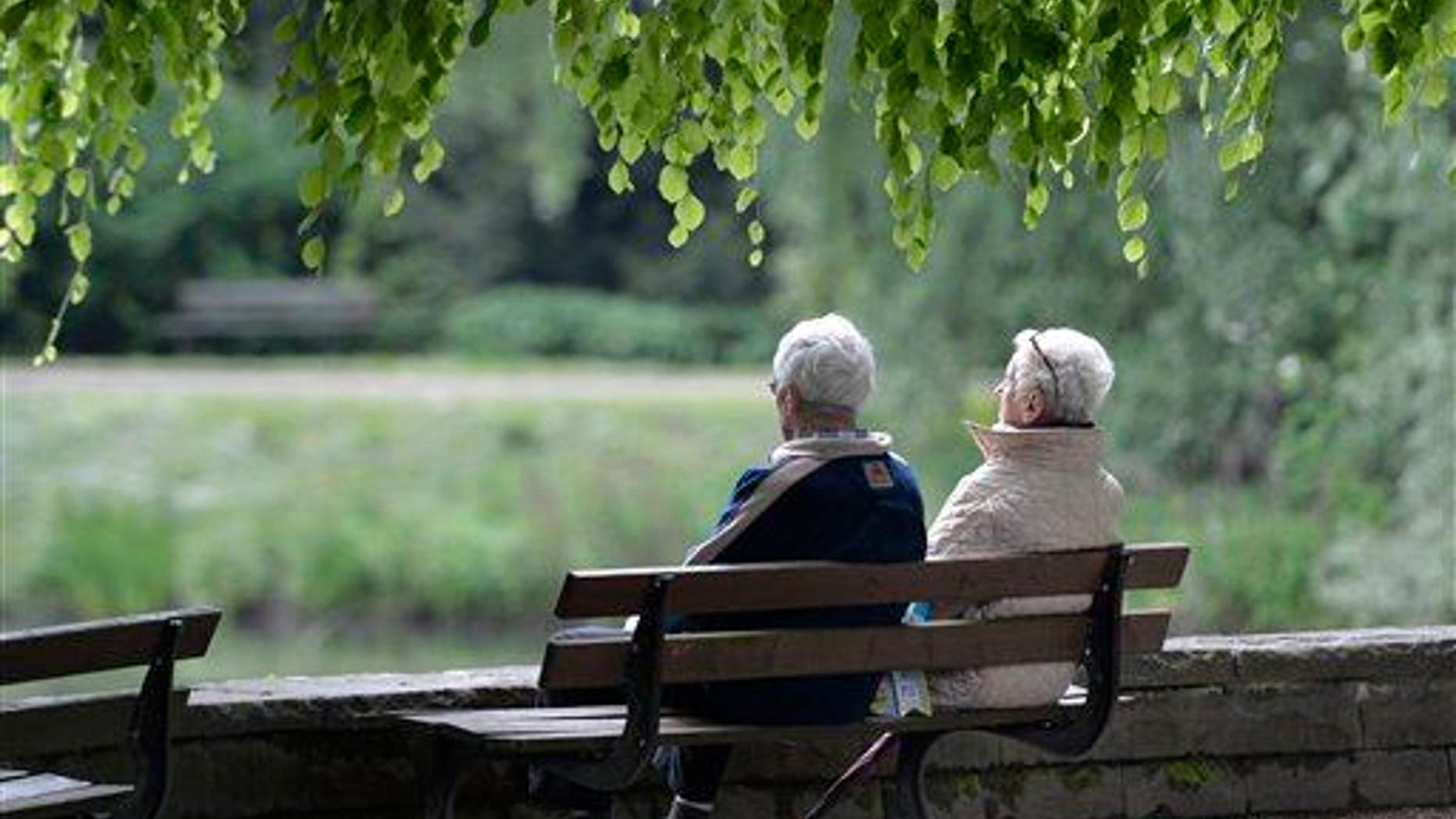 In this May 14, 2014 file photo an elderly couple sits on a bench in a park in Gelsenkirchen, Germany.