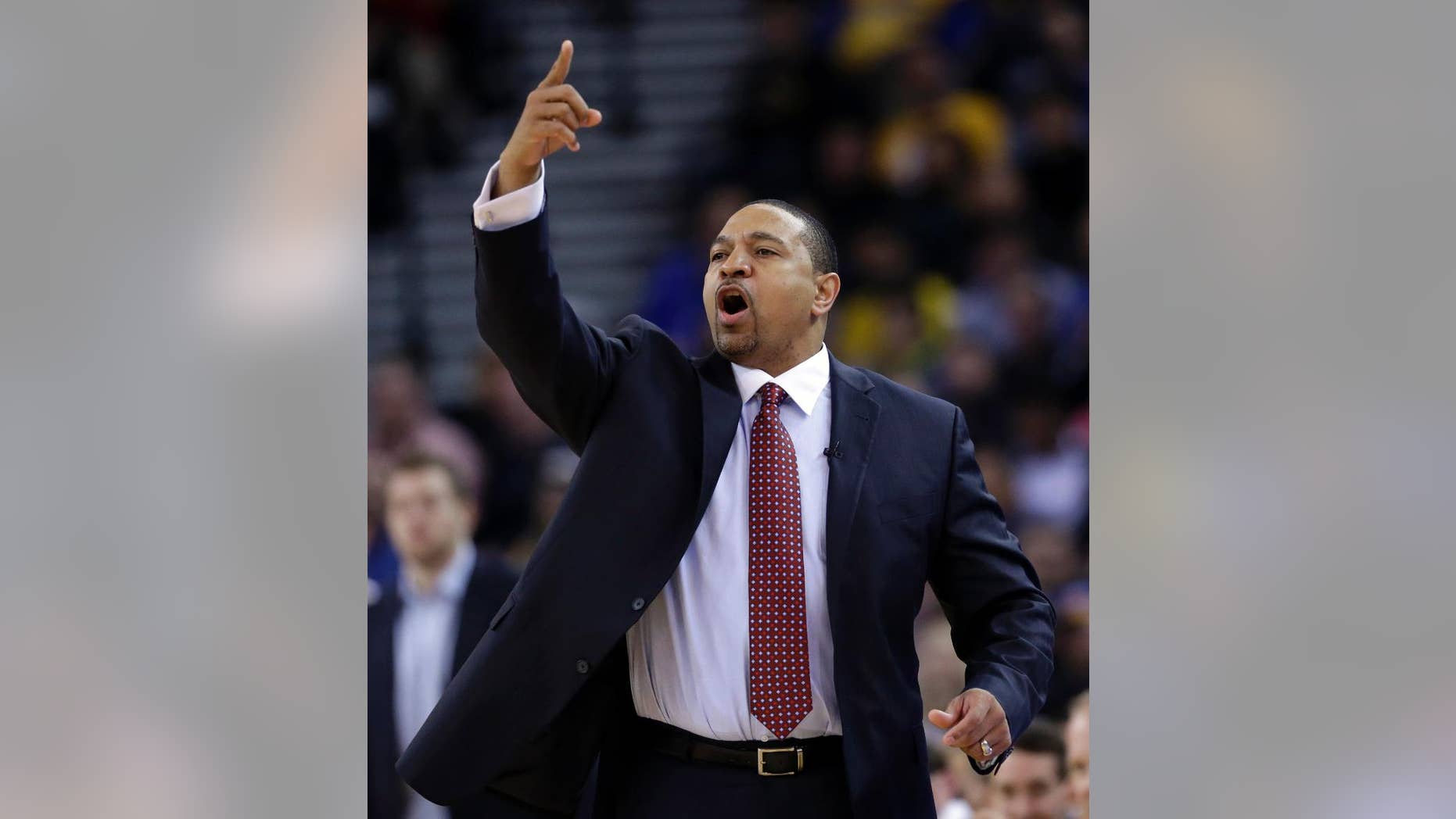 FILE - In this Thursday, Feb. 6, 2014, Golden State Warriors head coach Mark Jackson instructs his team during the first half of an NBA basketball game against the Chicago Bulls in Oakland, Calif. The Warriors fired Jackson on Tuesday, May 6, 2014. (AP Photo/Marcio Jose Sanchez, File)