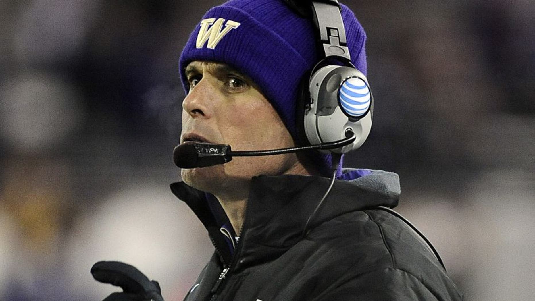 Nov 29, 2014; Pullman, WA, USA; Washington Huskies head coach Chris Petersen looks on against the Washington State Cougars during the second half at Martin Stadium. Huskies won 31-13. Mandatory Credit: James Snook-USA TODAY Sports