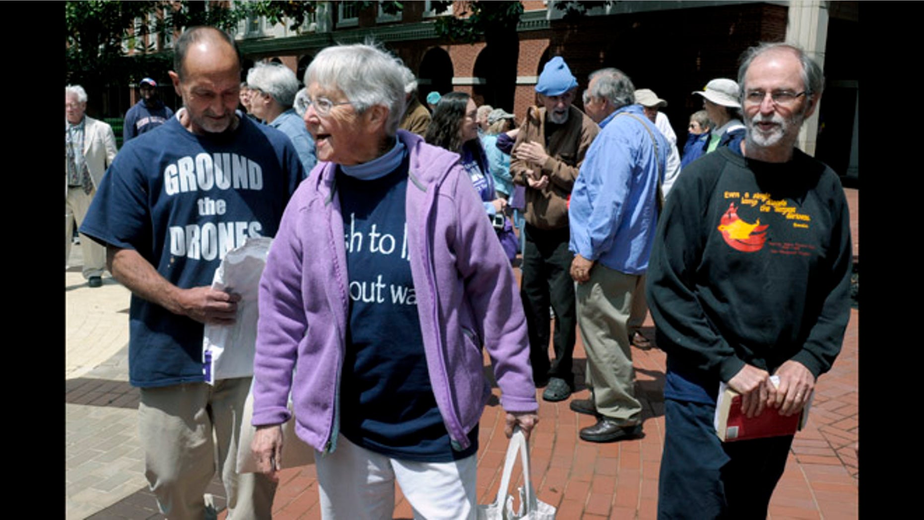 May 6, 2013: Anti-nuclear weapons activists, from left, Michael Walli, 64, Sister Megan Rice, 83, and Greg Boertje-Obed, 56, arrive for their trial in Knoxville, Tenn.