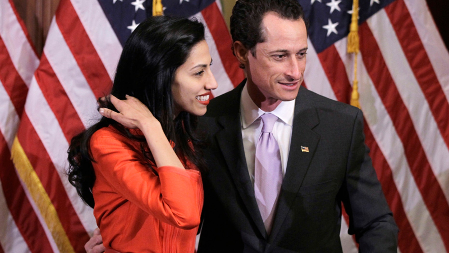 Jan. 5, 2011: Rep. Anthony Weiner, D-N.Y., and his wife, Huma Abedin, an aide to Secretary of State Hillary Clinton, are pictured after a ceremonial swearing in of the 112th Congress on Capitol Hill in Washington.