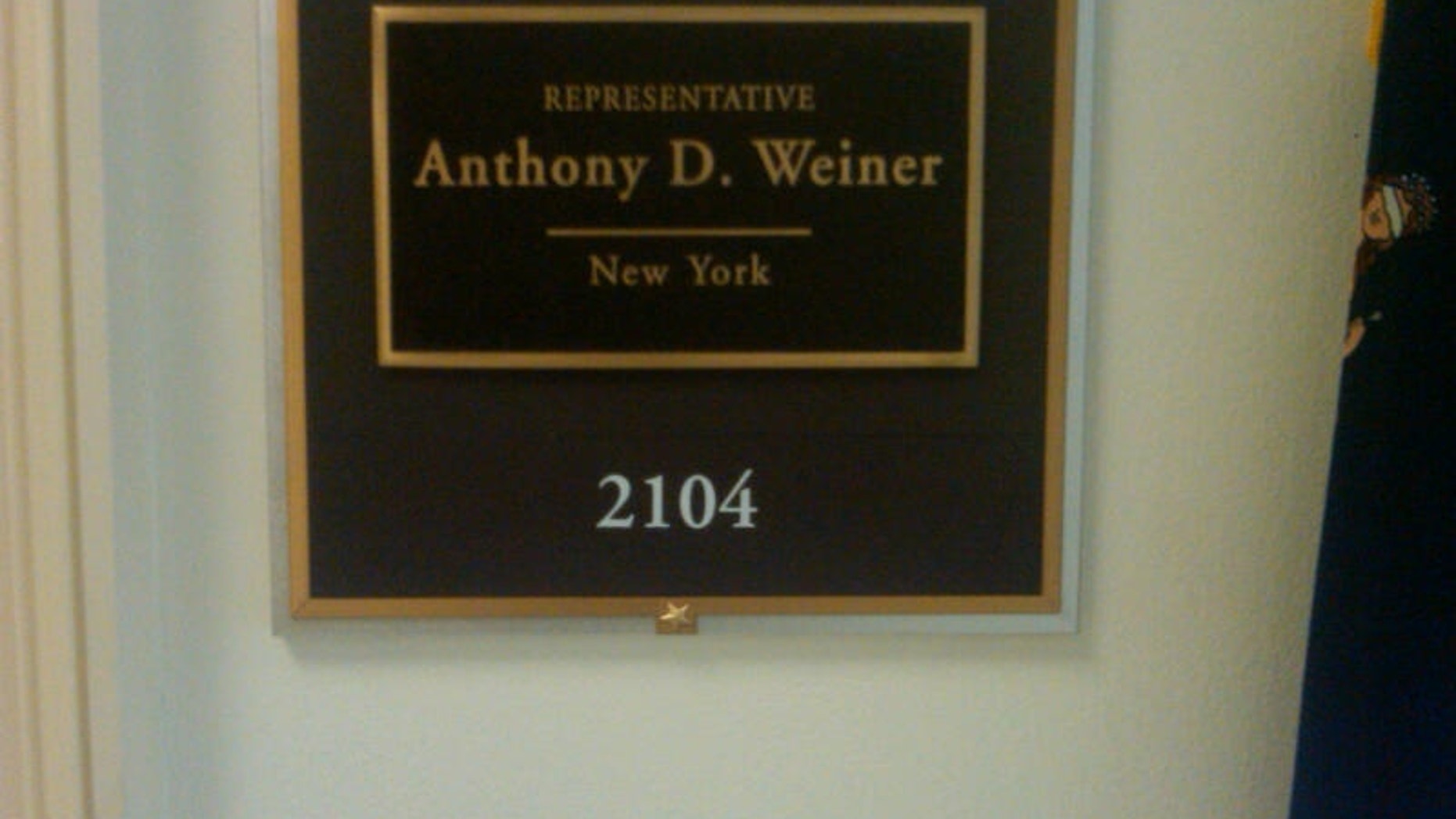 Rep. Anthony Weiner's nameplate remains outside his Capitol Hill office. (Fox News Photo / Chad Pergram)