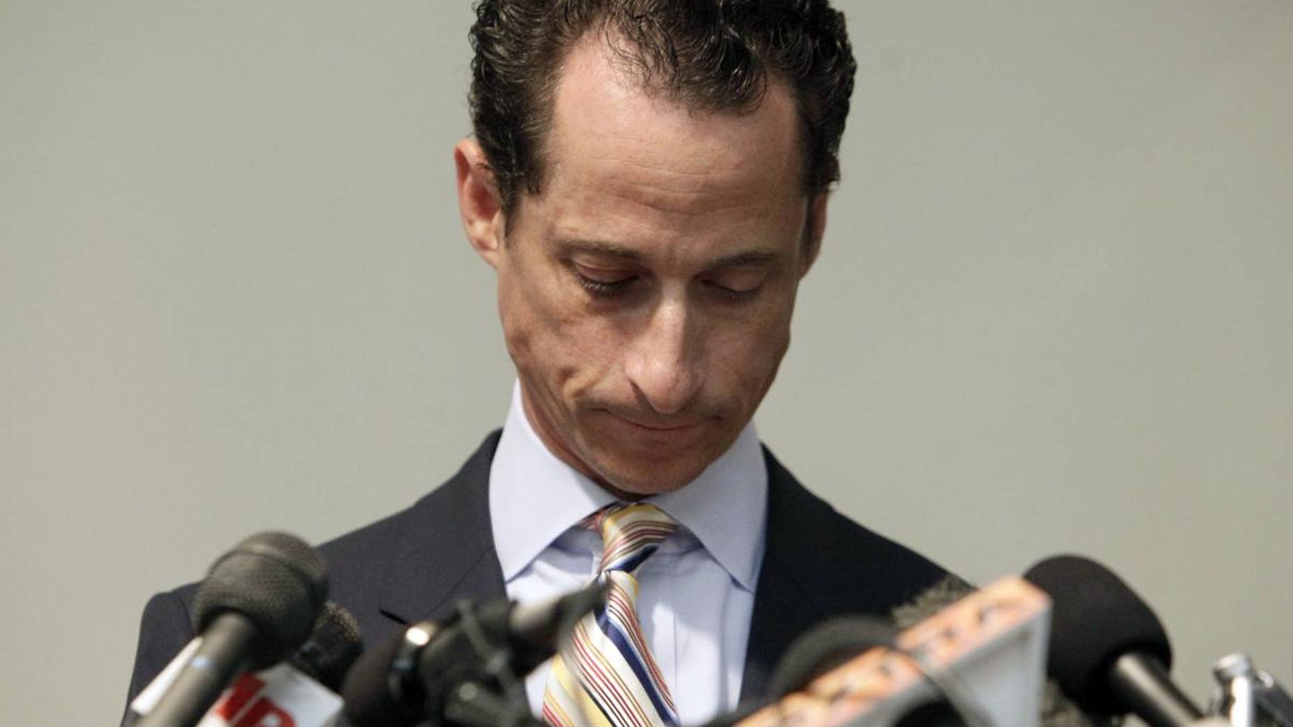 Rep. Anthony Weiner announces his resignation from Congress, in the Brooklyn borough of New York, Thursday, June 16, 2011. Weiner resigned from Congress, saying he cannot continue in office amid the intense controversy surrounding sexually explicit messages he sent online to several women. (AP Photo/Richard Drew)