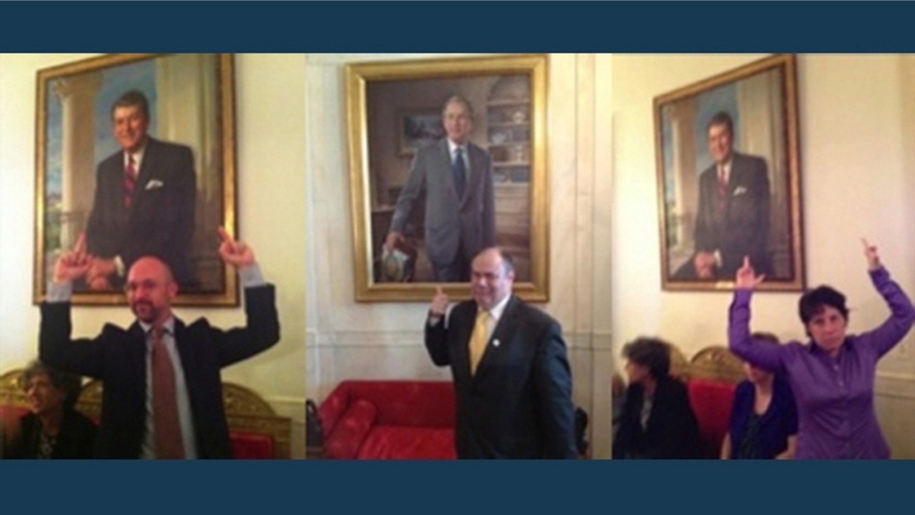 White House guests Zoe Strauss, right, and Matty Hart, left, are seen flipping off a portrait of Ronald Reagan on June 15, 2012. Philadelphia publisher Mark Segal, center, is shown giving a thumbs-up.