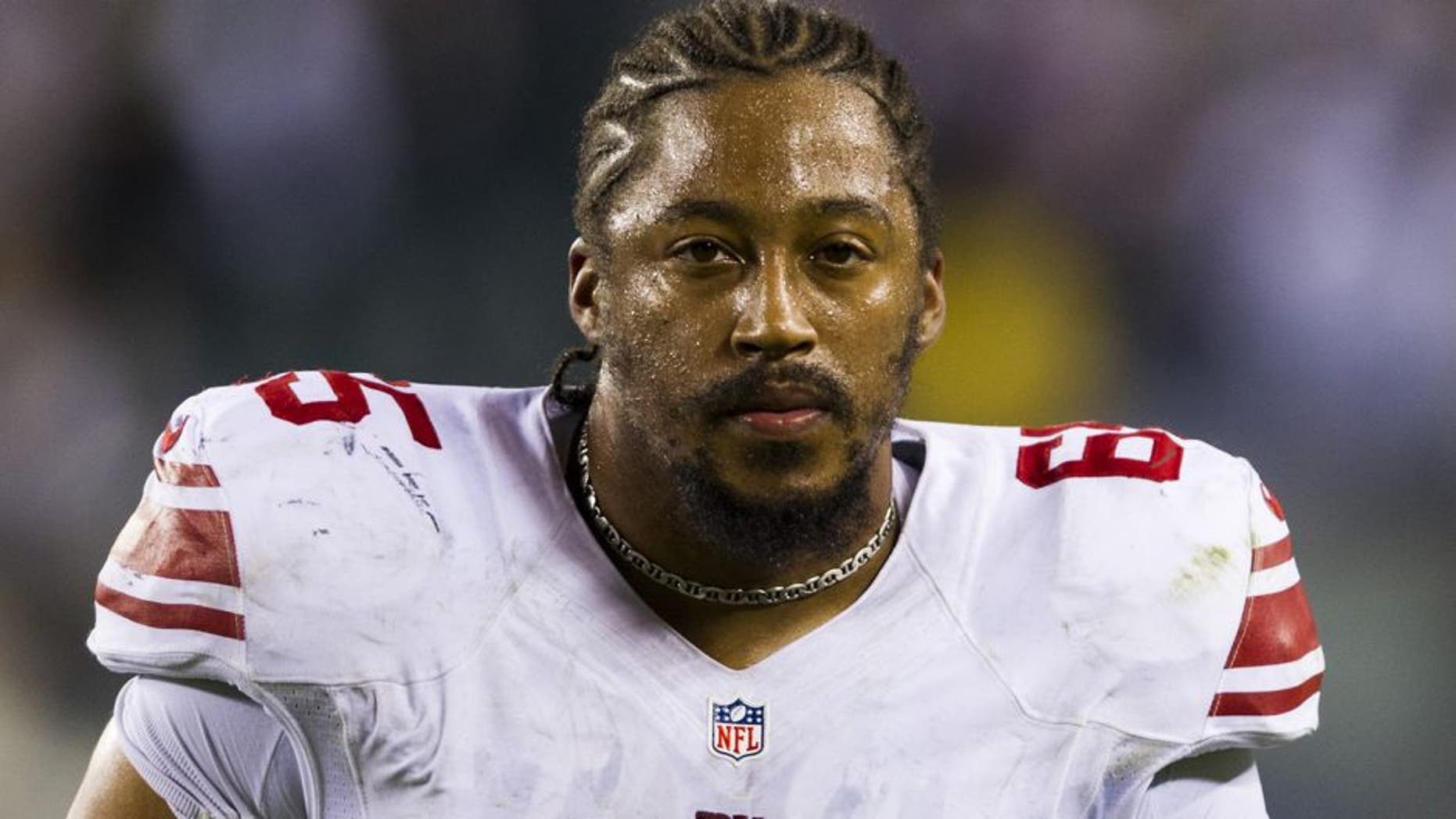 Sep 30, 2012; Philadelphia, PA, USA; New York Giants tackle Will Beatty (65) walks off the field after the game against the Philadelphia Eagles at Lincoln Financial Field.The Eagles defeated The Giants 19-17. Mandatory Credit: Howard Smith-USA TODAY Sports