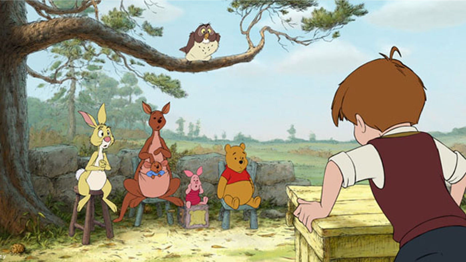 In a scene from "Winnie the Pooh," characters from left, Rabbit, Kanga, Roo, Piglet, Owl, Winnie the Pooh and Christopher Robin.