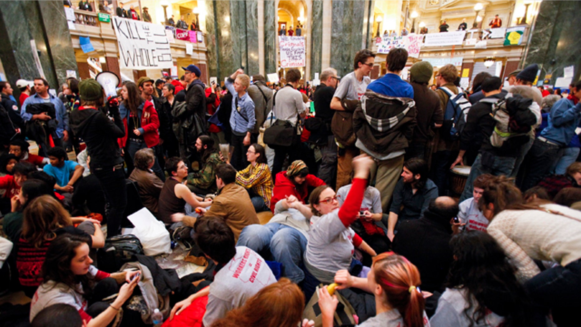 Feb. 27, 2011: Student Labor Action Coalition members demonstrate at the state Capitol in Madison, Wis.