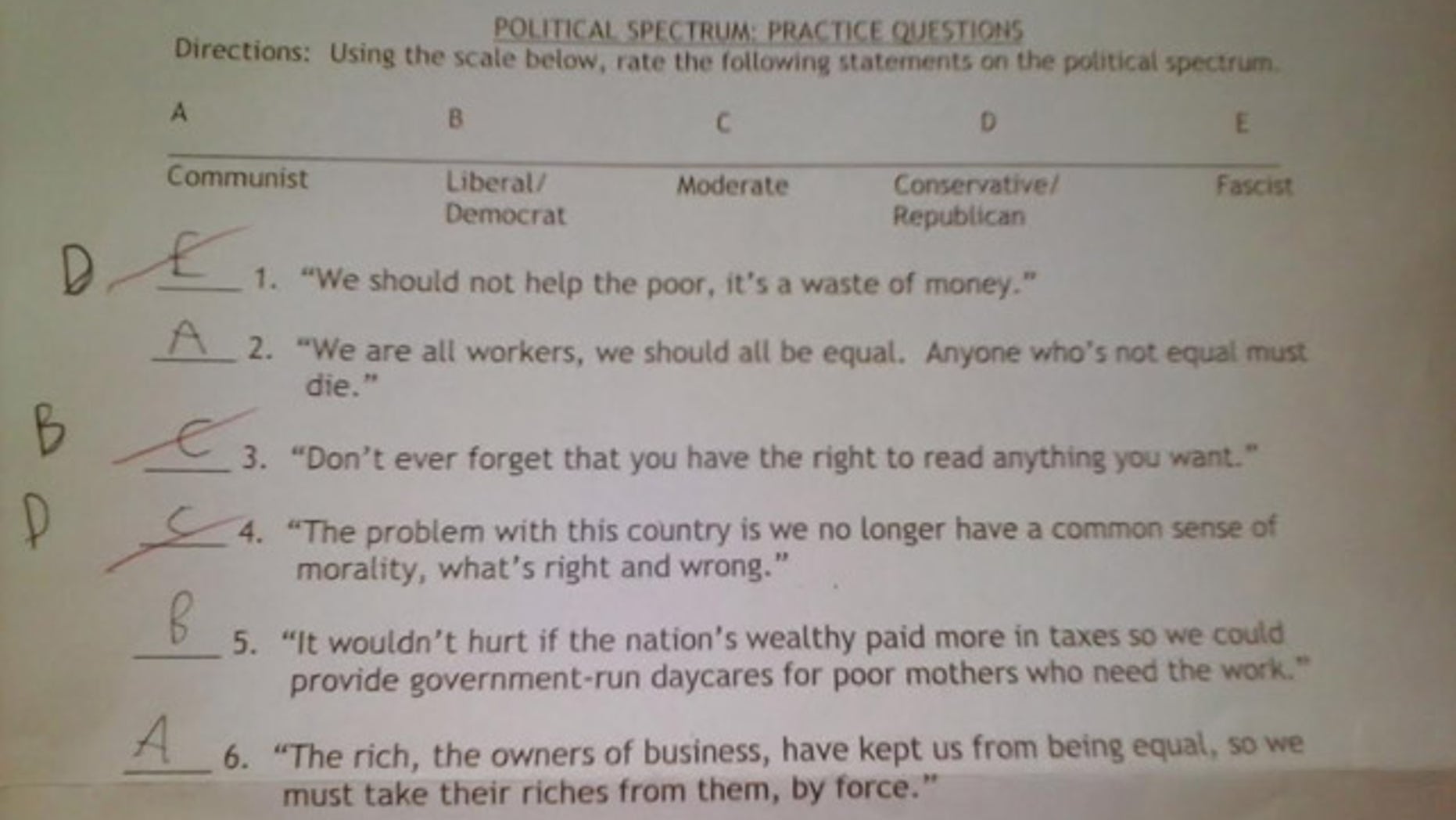 A Wisconsin mother claims this quiz was administered to her 16-year-old son and his classmates in their 11th-grade U.S. government and politics class at Nathan Hale High School in West Allis, Wisc.
